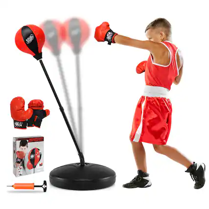 Sure, here is the corrected and grouped text from the image:
**Product Name:**
- SPORT 40
**Brand:**
- KID'S BOXING
**Description:**
- Kids Boxing Training Set
**Features:**
- Includes: Punching Bag, Boxing Gloves, Boxing Shorts, and a Base
**Box Text:**
- SPORT 40
- Kids Boxing Training Set
- Includes: Punching Bag, Boxing Gloves, Boxing Shorts, and a Base
**Additional Text:**
- (No additional text visible)