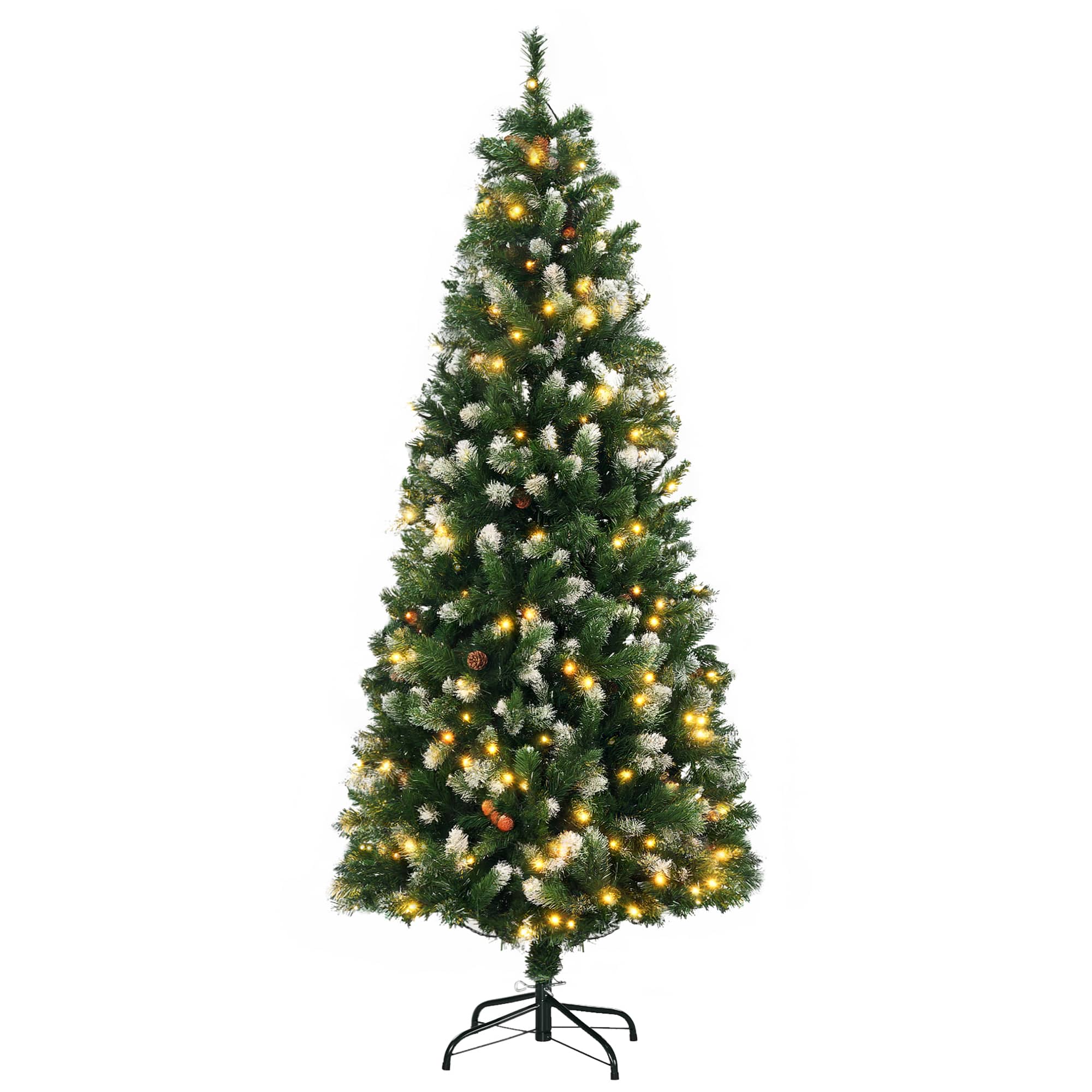 Homcom - 6ft Skinny Prelit Snow-Dipped Artificial Christmas Tree, 703 Branches 250 Warm LEDs - Green