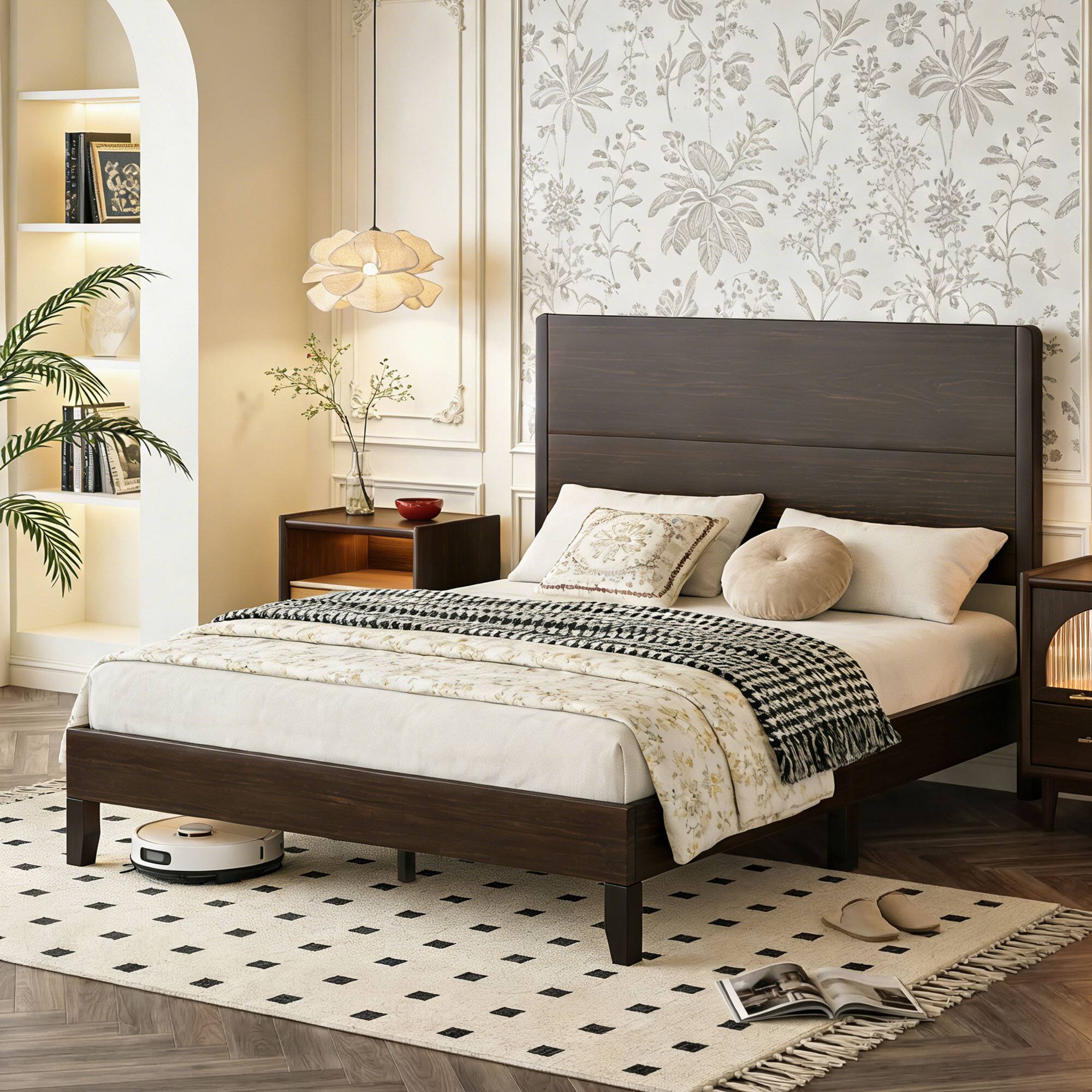 Vipbear Q/K Wooden Bed Frame with Tall Headboard, Platform Bed Frame ...