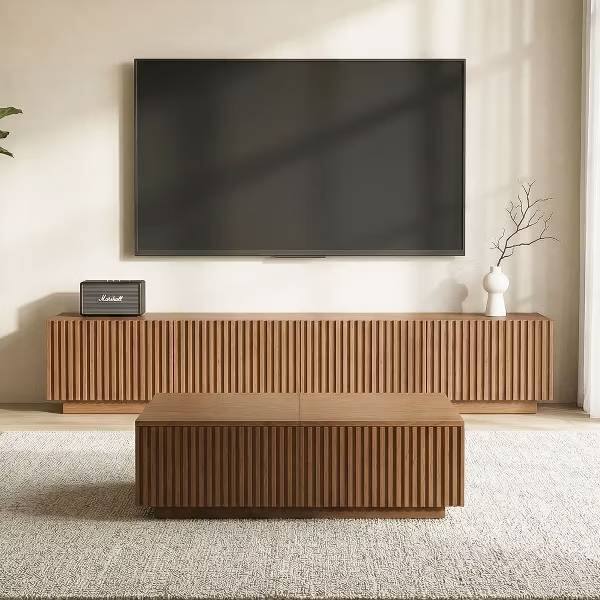 Alt View 3. luck idea - Modern Fluted TV Stand & Lift Top Coffee Table Set, 86.6" Entertainment Center with Storage & 51.1" Coffee Table with Hi - brown.