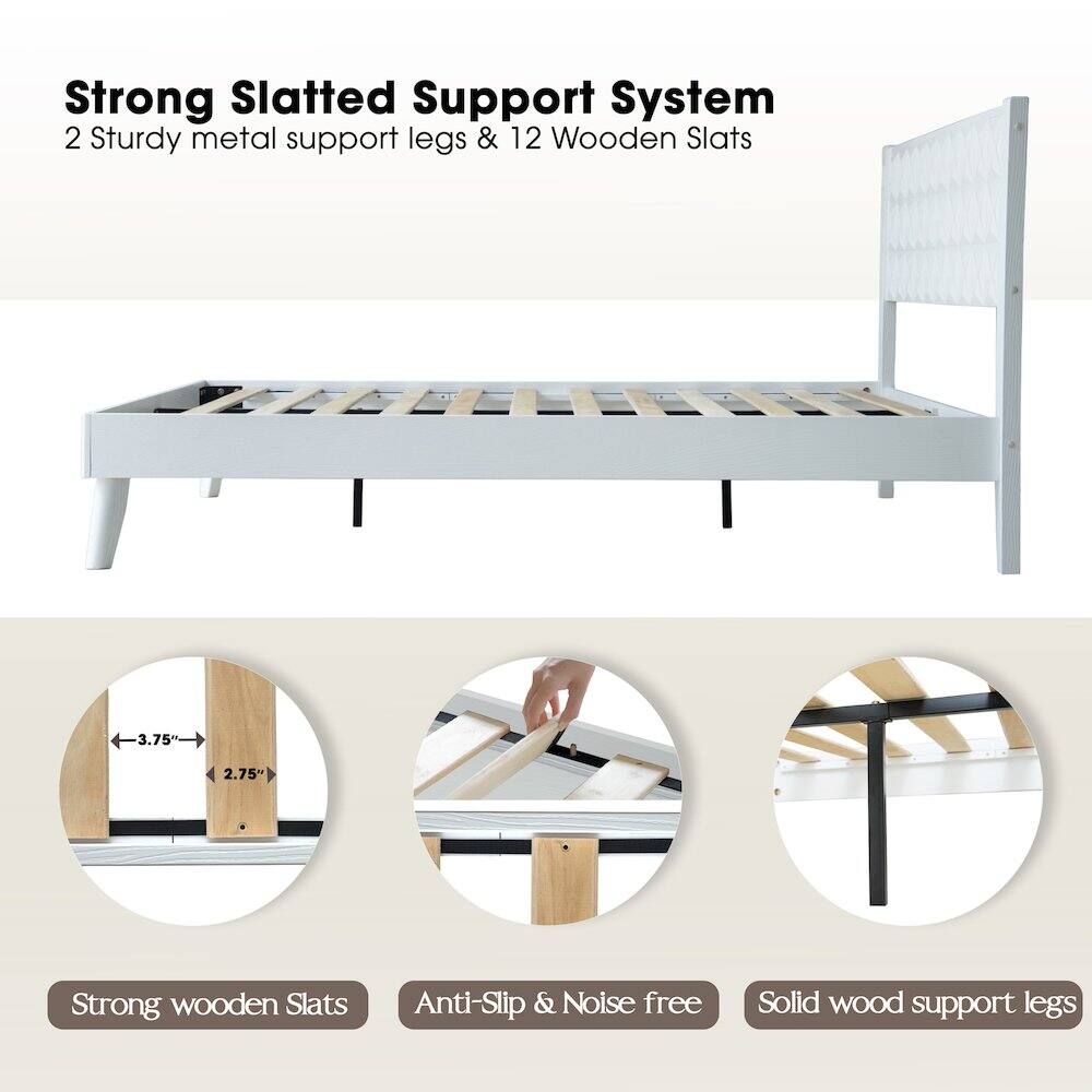 Strong Slatted Support System  
2 Sturdy metal support legs & 12 Wooden Slats  
3.75" x 2.75"  
Strong wooden Slats  
Anti-Slip & Noise free  
Solid wood support legs