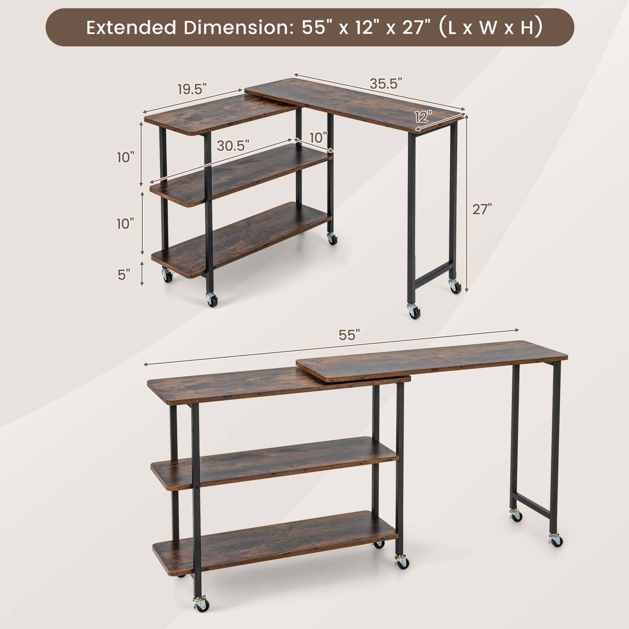 Extended Dimension: 55" x 12" x 27" (L x W x H)

- 55"
- 35.5"
- 12"
- 27"
- 19.5"
- 30.5"
- 10"
- 10"
- 5"