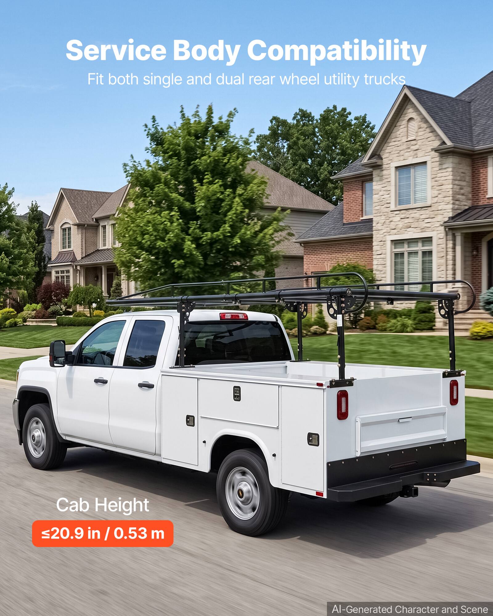 Service Body Compatibility  
Fit both single and dual rear wheel utility trucks  

Cab Height  
≤20.9 in / 0.53 m  

AI-Generated Character and Scene