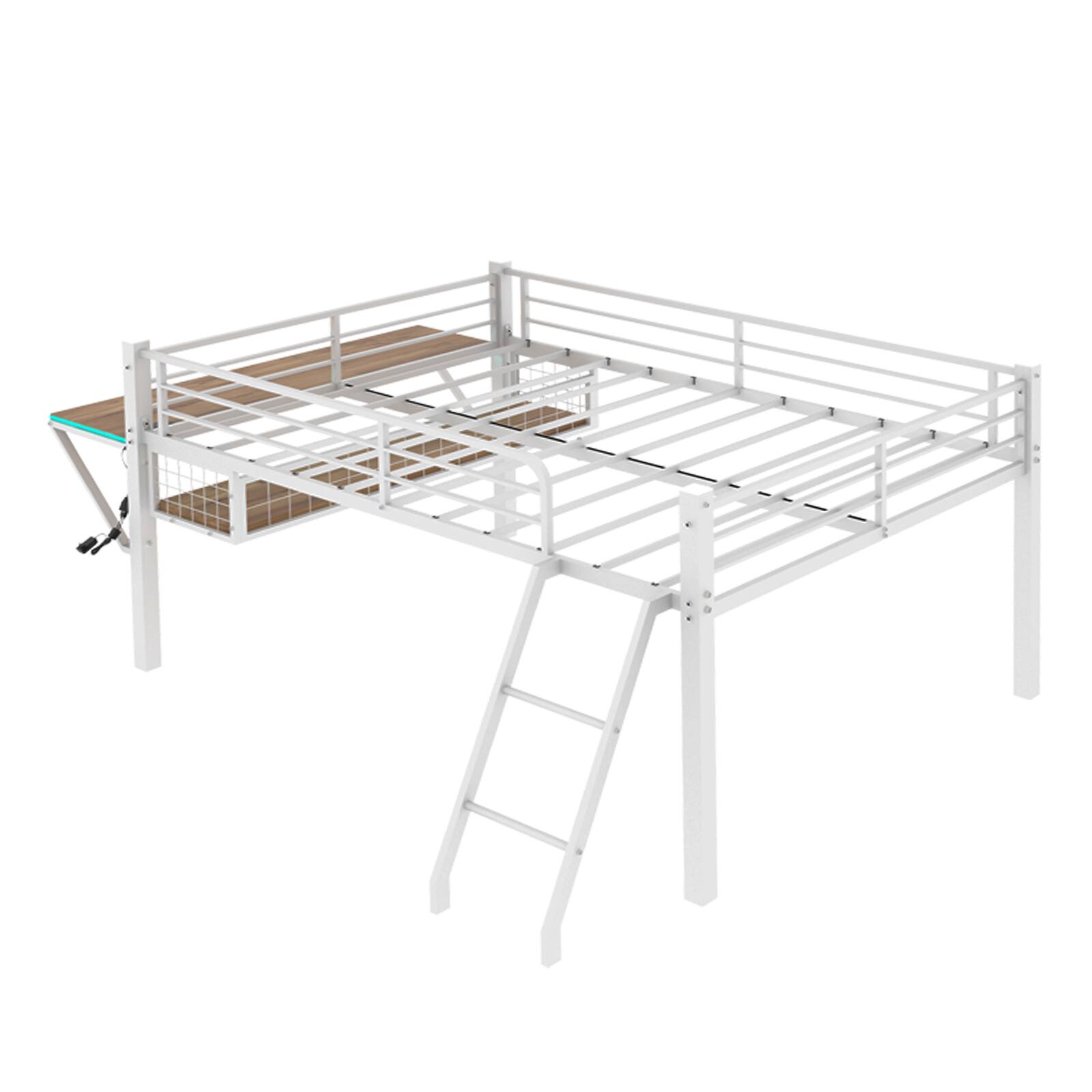 Alt View 9. Loheer - Loheer Full Size Metal Loft Bed with Desk White Loft Bed Frame with LED Lights and Guardrails No Box Spring Needed - White.