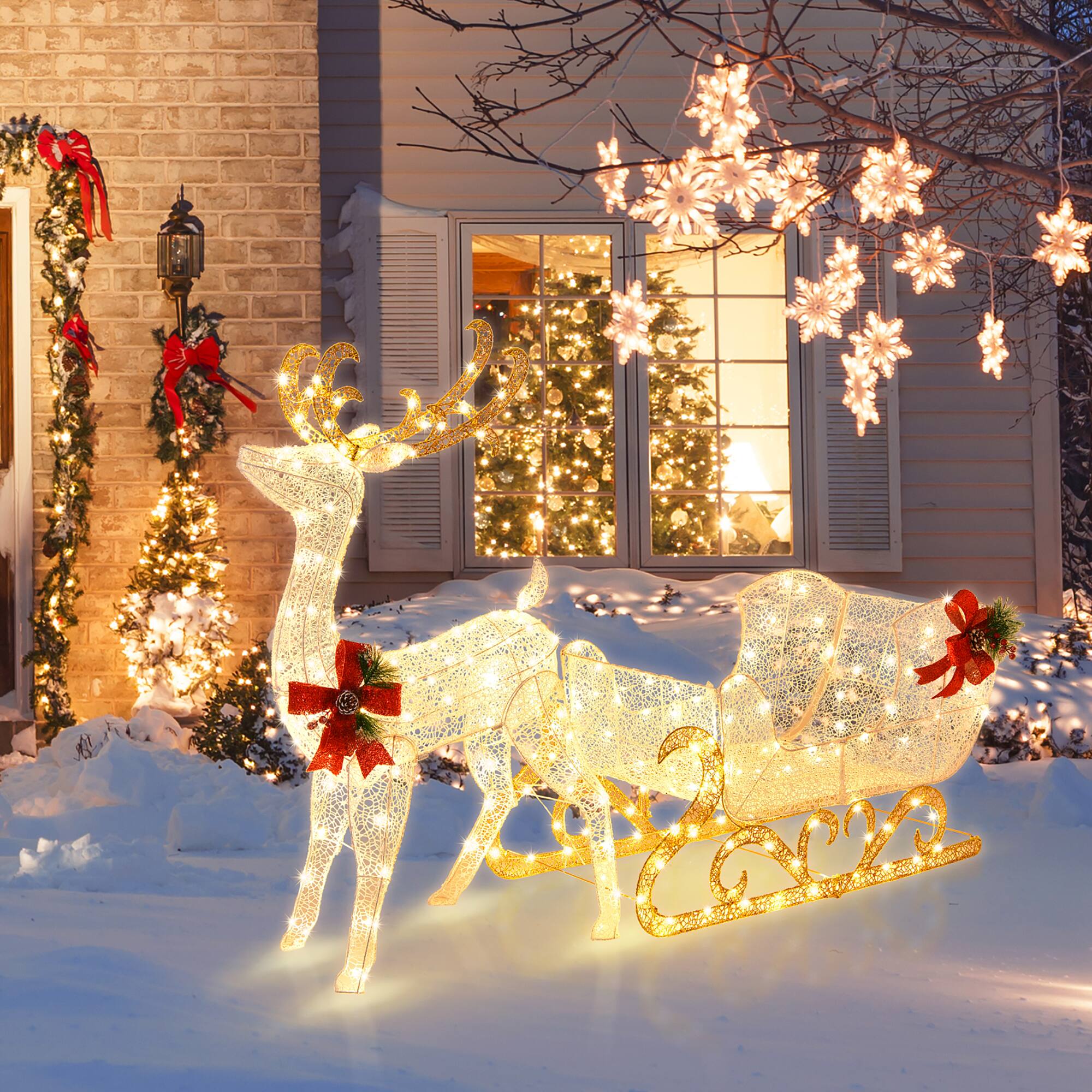 Alt View 11. Costway - 6 FT Christmas Lighted Reindeer & Santa's Sleigh W/ 215 LED Lights & 4 Stakes - Gold.