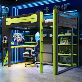 Anysun - Full Size Wood Loft Bed with Desk, Shelves, Power Outlet & USB/Type-C Ports, , and RGB Light - Green