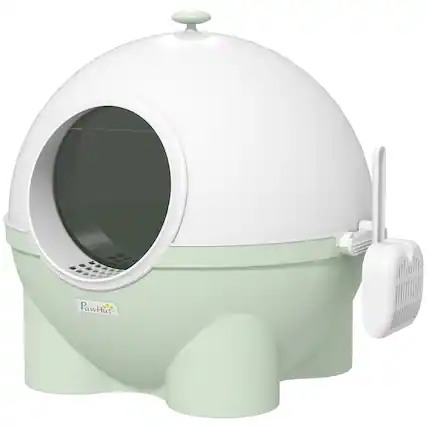Front. Pawhut - Hooded Cat Litter Box, Large Kitty Litter Pan with Lid, Scoop, Leaking Sand Pedal, Top Handle - Green.