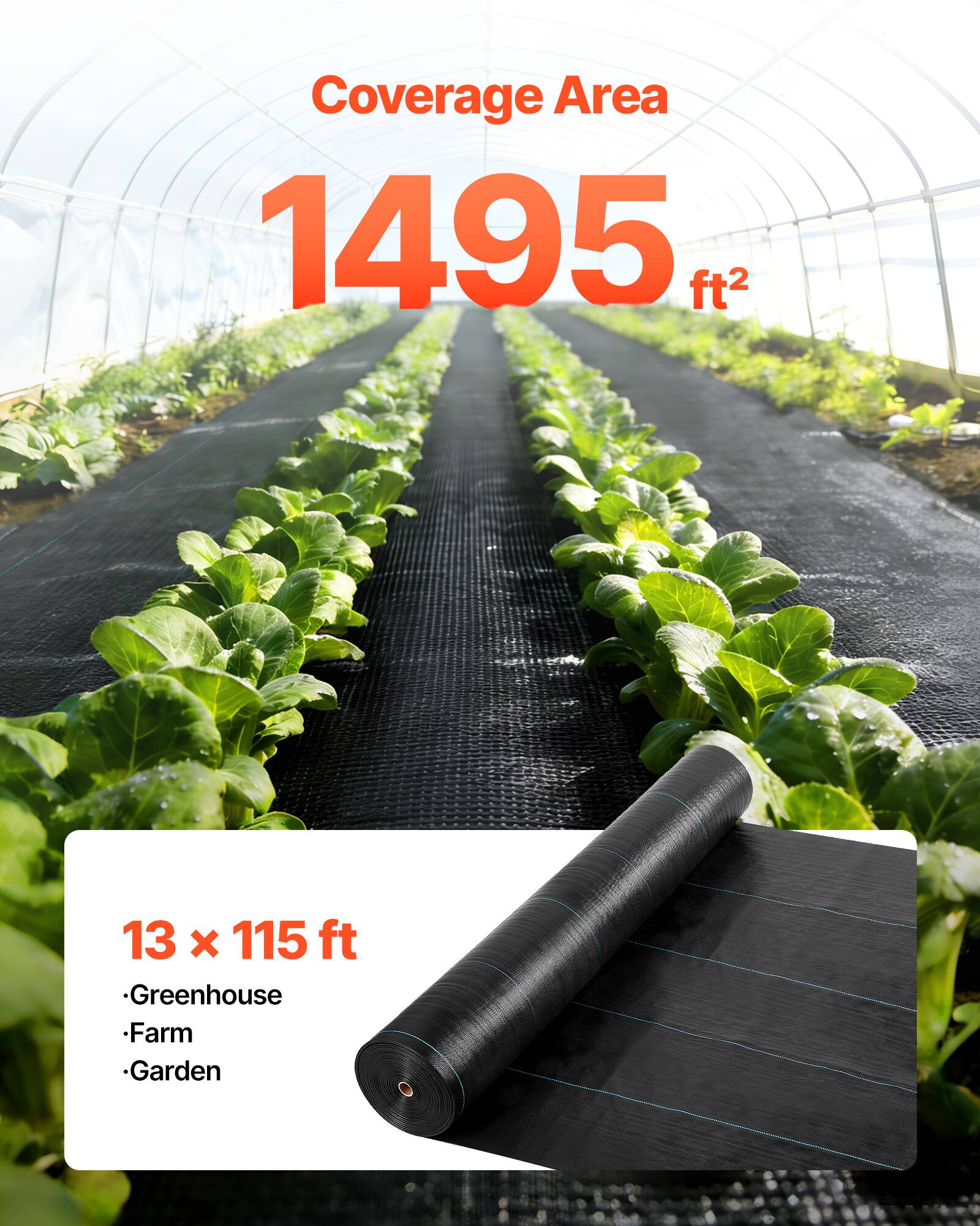 Coverage Area: 1495 ft² (13 x 115 ft)  
Greenhouse, Farm, Garden