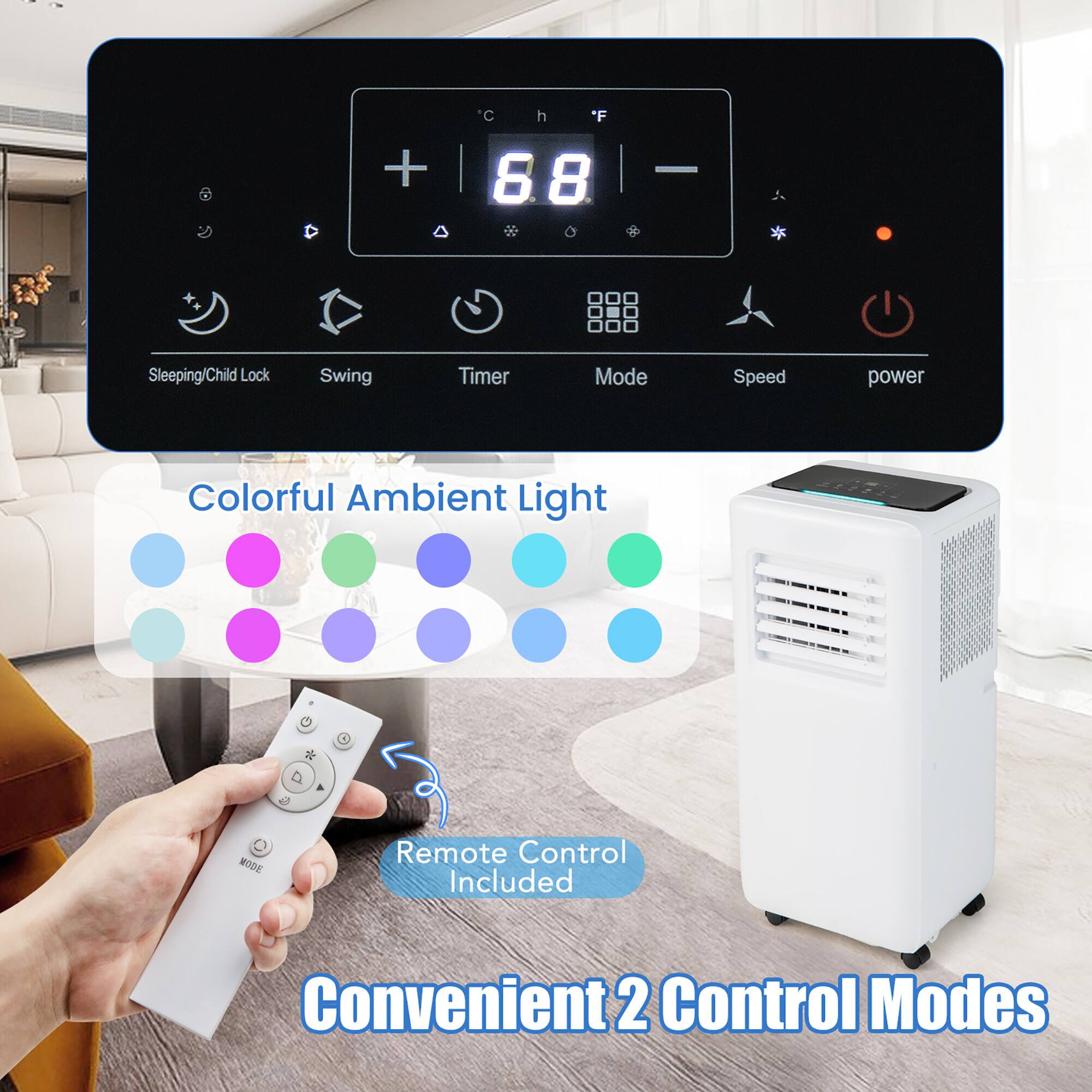 "C h *F 68 Sleeping/Child Lock Swing Timer Mode Speed power Colorful Ambient Light Remote Control Included Convenient 2 Control Modes