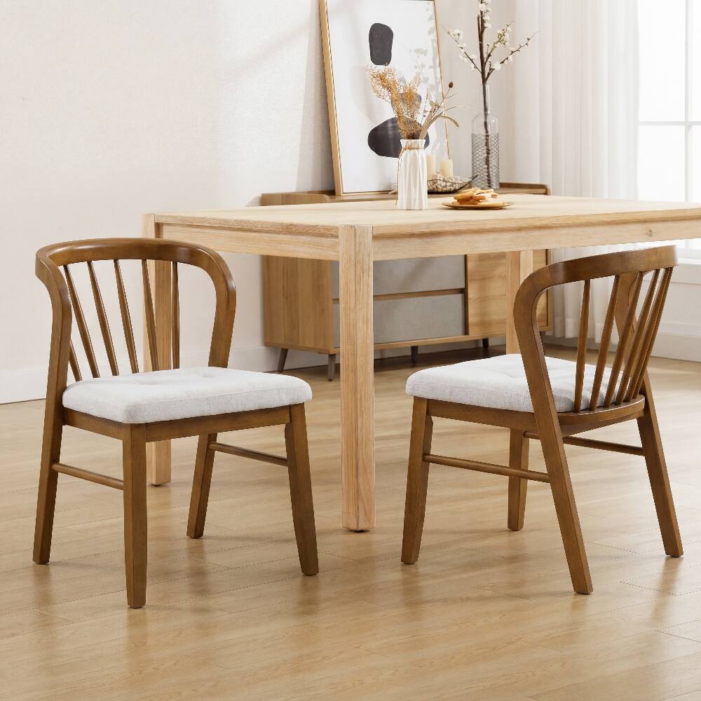Angle. Loheer - Loheer Mid-Century Modern Rubber Wood Dining Chair Set of 2 Upholstered Seat Walnut Beige - Walnut, Beige.