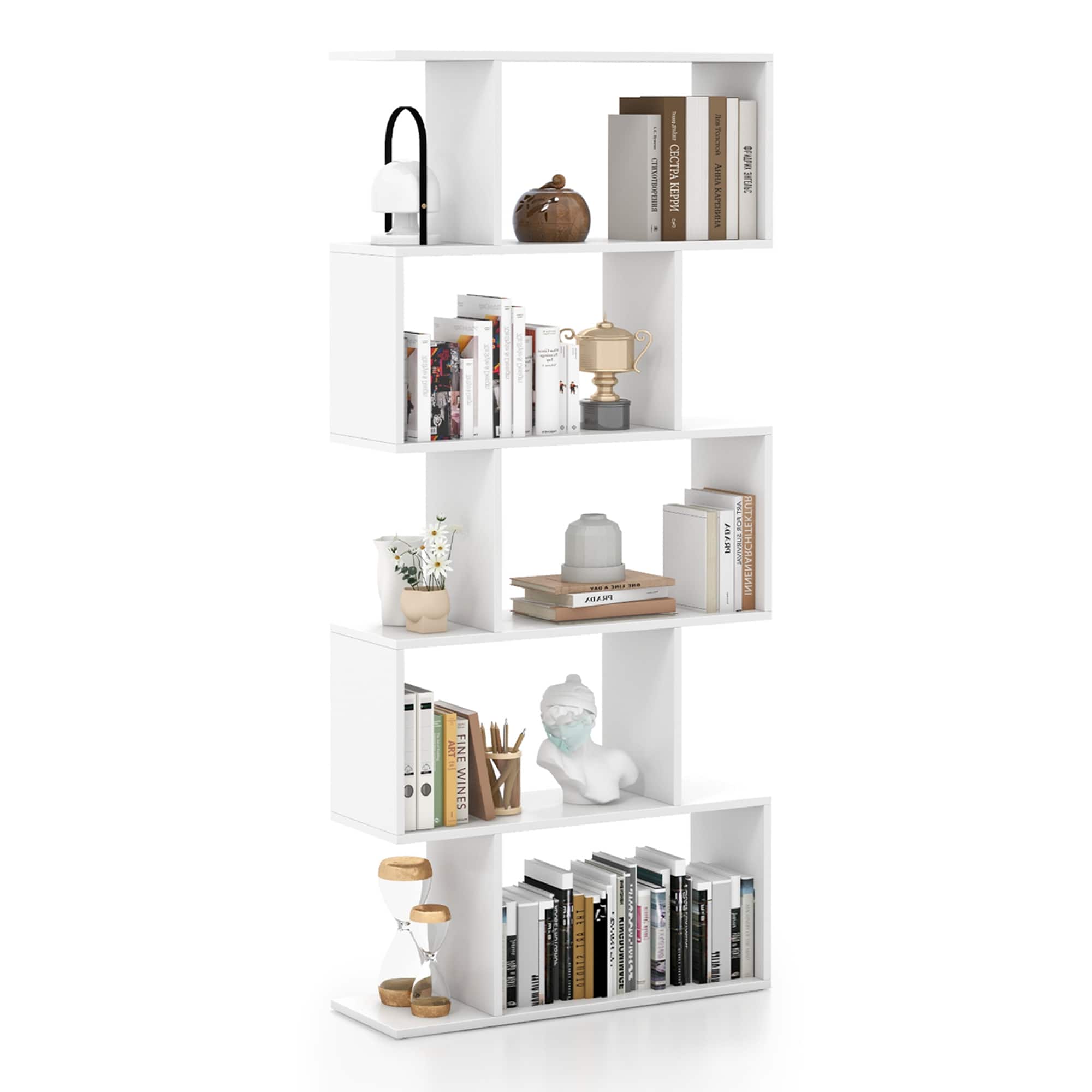 Costway - 1 PC 5-Tier Bookshelf Geometric S-Shaped Bookcase Room Divider Storage Display Shelf - White