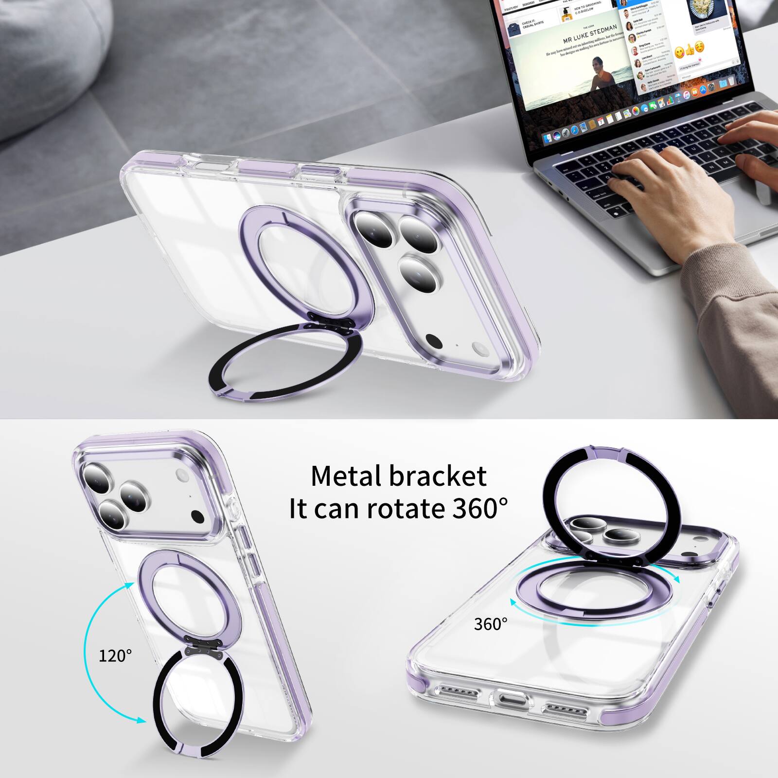 Metal bracket  
It can rotate 360°  
120°