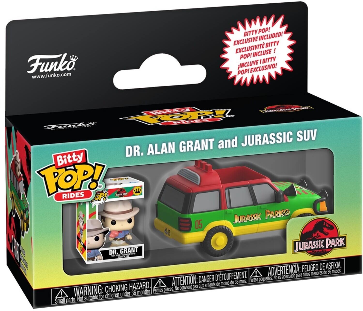 Sure, here is the corrected and grouped text from the image:

---

**Funko**  
www.funko.com

**Bitty Pop! Rides**  
DR. ALAN GRANT and JURASSIC SUV

**BITTY POP!**  
EXCLUSIVE INCLUDED!  
EXCLUSIVITÉ BITTY POP! INCLUSE!  
¡INCLUYE 1 BITTY POP! EXCLUSIVO!

**WARNING: CHOKING HAZARD**  
ATTENTION: DANGER D'ÉTOUFFEMENT.  
ADVERTENCIA: PELIGRO DE ASFIXIA.  
Not suitable for children under 36 months.  
Ne convient pas aux enfants de moins de 36 mois.  
Petites pièces.  
Pequeñas piezas.  
Pequeñas piezas.  
Pequeñas piezas.  
Pequeñas piezas.  
Pequeñas piezas.  
Pequeñas piezas.  
Pequeñas piezas.  
Pequeñas piezas.  
Pequeñas piezas.  
Pequeñas piezas.  
Pequeñas piezas.  
Pequeñas piezas.  
Pequeñas piezas.  
Pequeñas piezas.