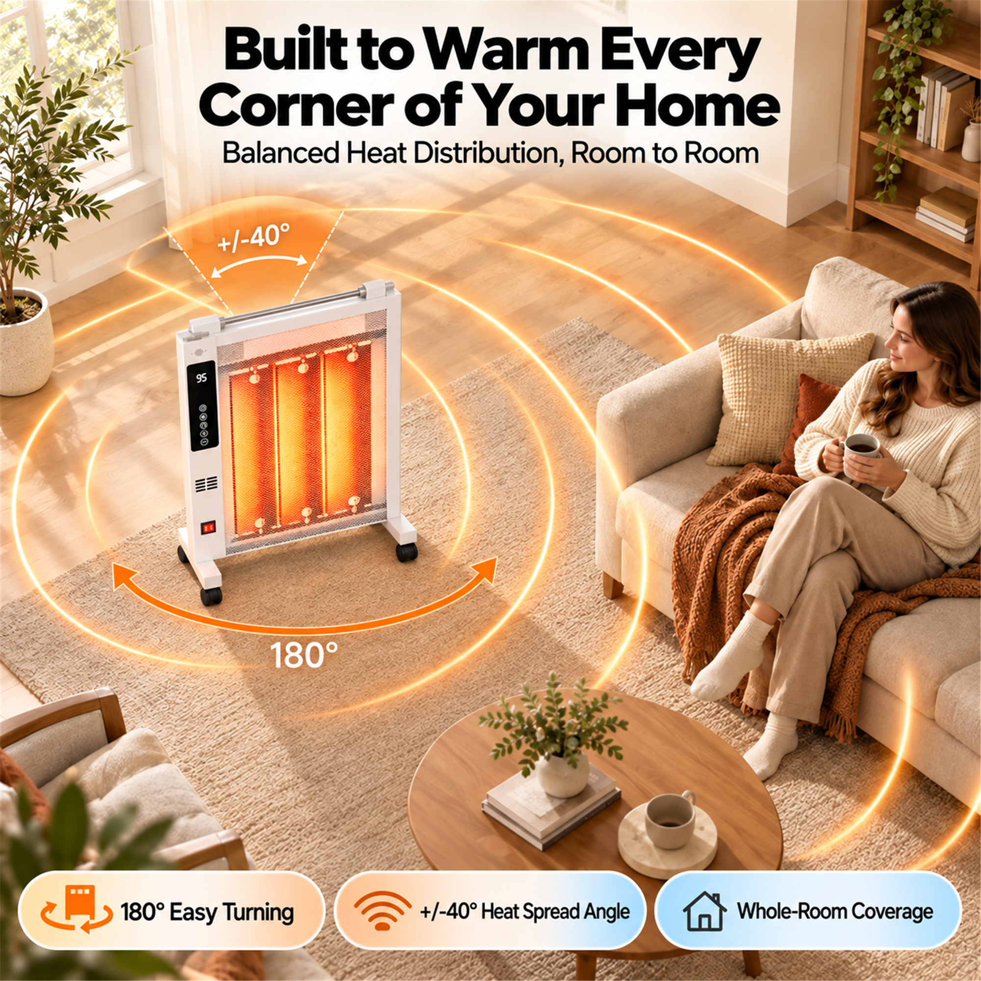 Built to Warm Every Corner of Your Home  
Balanced Heat Distribution, Room to Room

+/-40  
95  
8  
180

180° Easy Turning  
+/-40° Heat Spread Angle  
Whole-Room Coverage