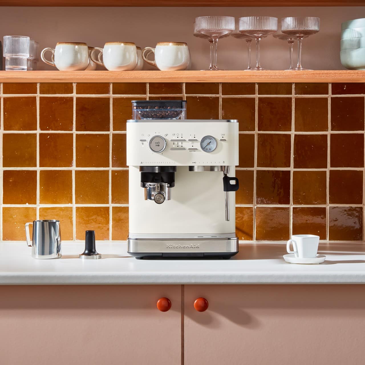 KitchenAid - Semi Automatic Espresso Machine with Burr Grinder, KES6551 - Porcelain White