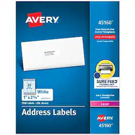 Avery - Sure Feed Laser Address Labels, 1" x 2 5/8", 30 Labels/Sheet, 250 Sheets/Box, 7500 Labels/Box - Matte White