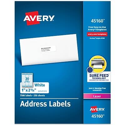 Avery 45160  
Free Easy-to-Use Avery Templates  
avery.com/templates  

30 SURE FEED TECHNOLOGY  
DESIGNED FOR RELIABLE PES  

White 1" x 2 5/8"  
7500 labels / 250 sheets  

Address Labels  

Jan & Smodge Free  
Laser  

Avery 45160