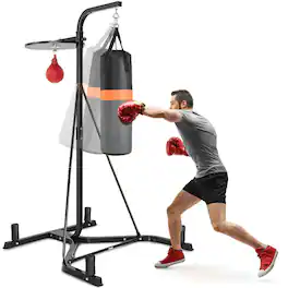 Costway - Heavy Duty Boxing Punching Stand W/Heavy Bag & Speed Bag Sandbag Rack Home Gym - Gray