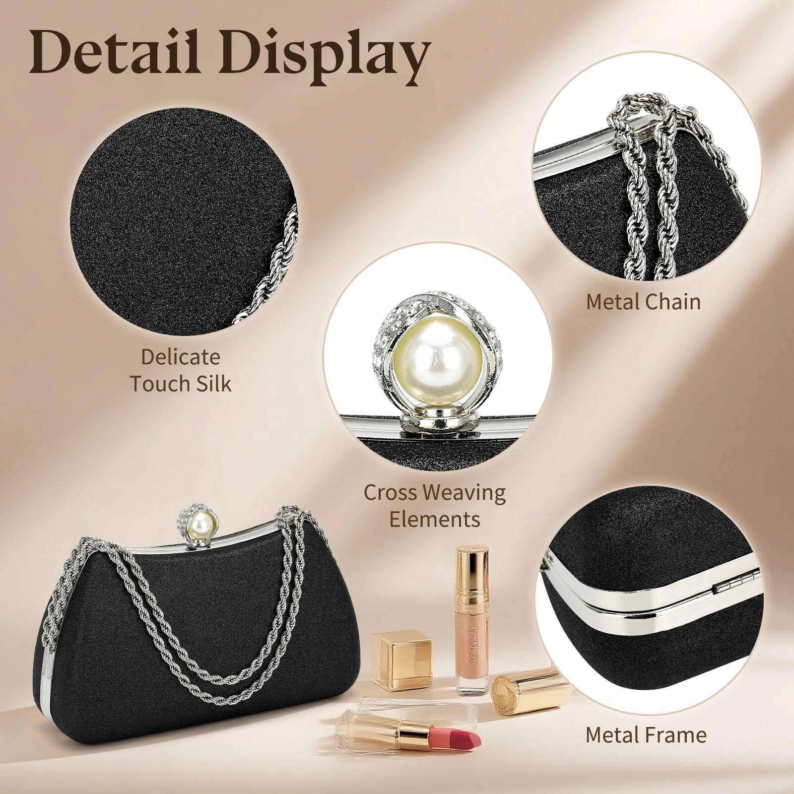 Detail Display

- Delicate Touch Silk
- Metal Chain
- Cross Weaving Elements
- Metal Frame