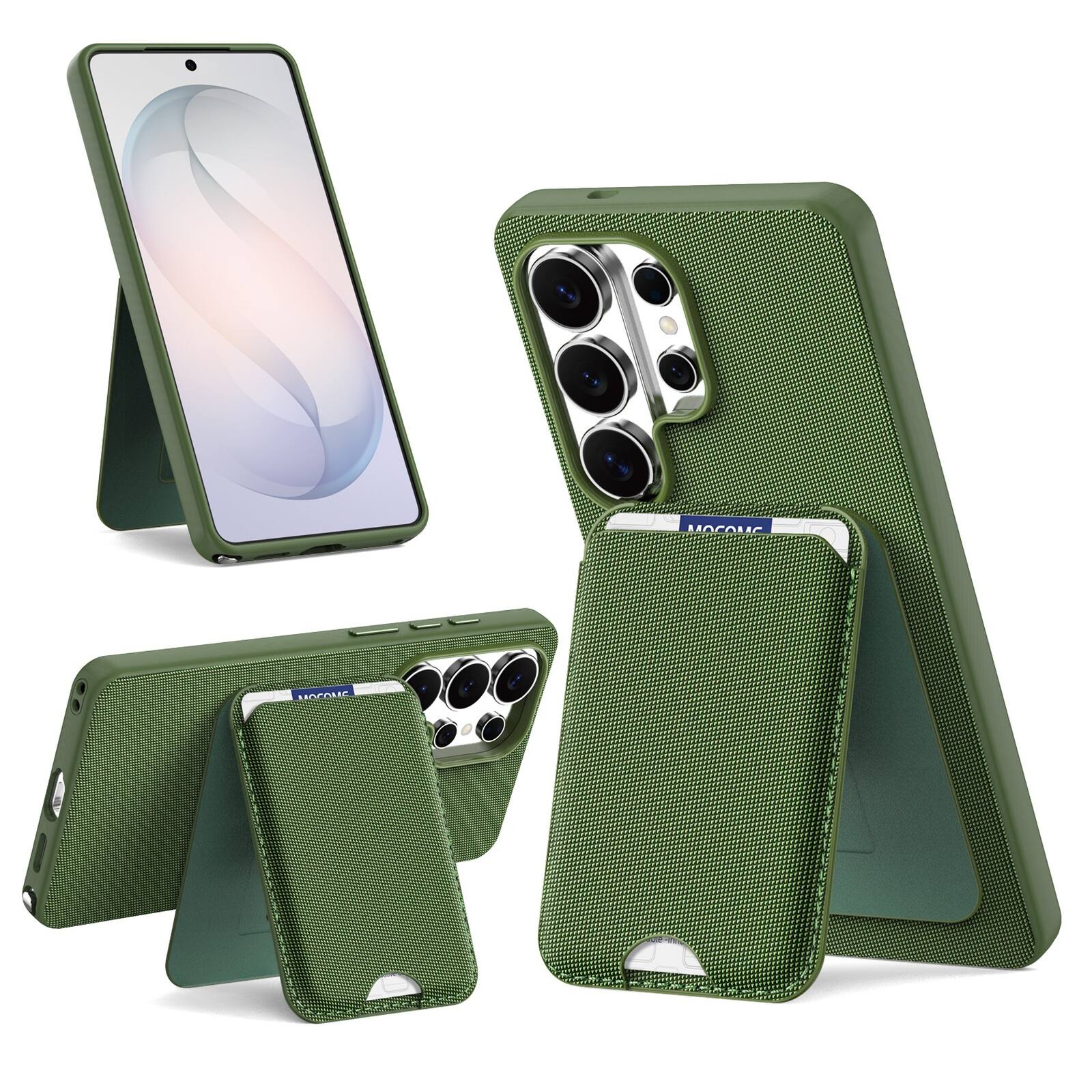 Angle. Dteck - 2-in-1 Magnetic Case for Samsung Galaxy S26 Ultra with Detachable Stand Wallet, Slim Shockproof Fabric Texture Cover - Green.