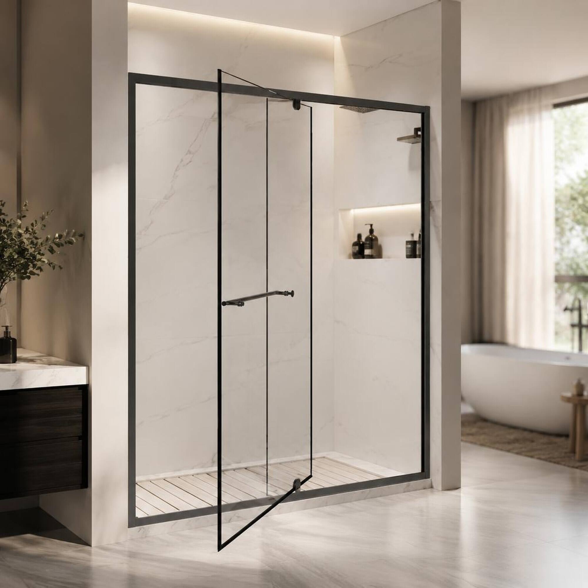 Front. RYHNUYNE - 56-60 In W X 72 In H Pivot Shower Door, 1/4 In Clear Tempered Glass With Stainless Steel Handle Black Finish - Matt Black.