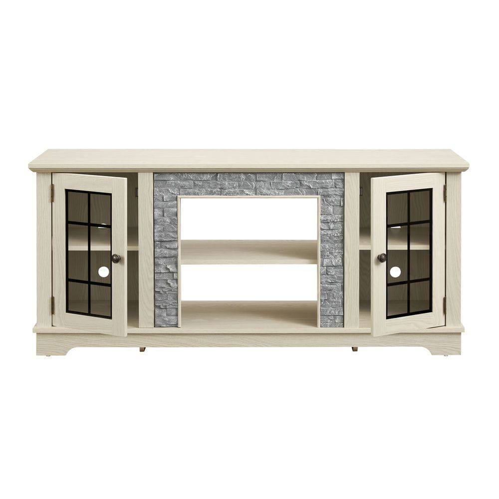 Back. Kadyn - 58-Inch Faux Stone TV Stand with 2 Doors, Modern Media Console - White - White.