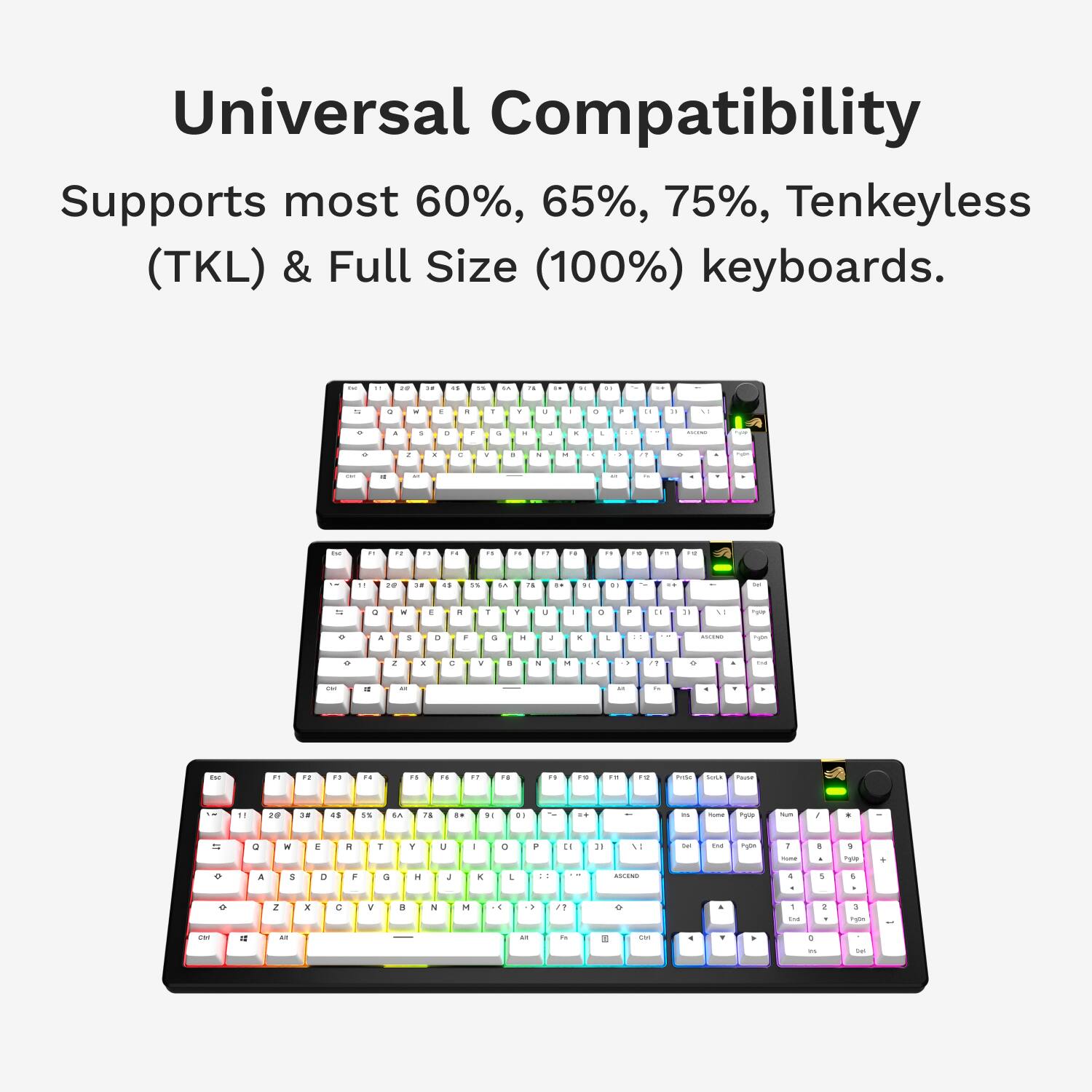 Universal Compatibility: Supports most 60%, 65%, 75%, Tenkeyless (TKL) & Full Size (100%) keyboards.