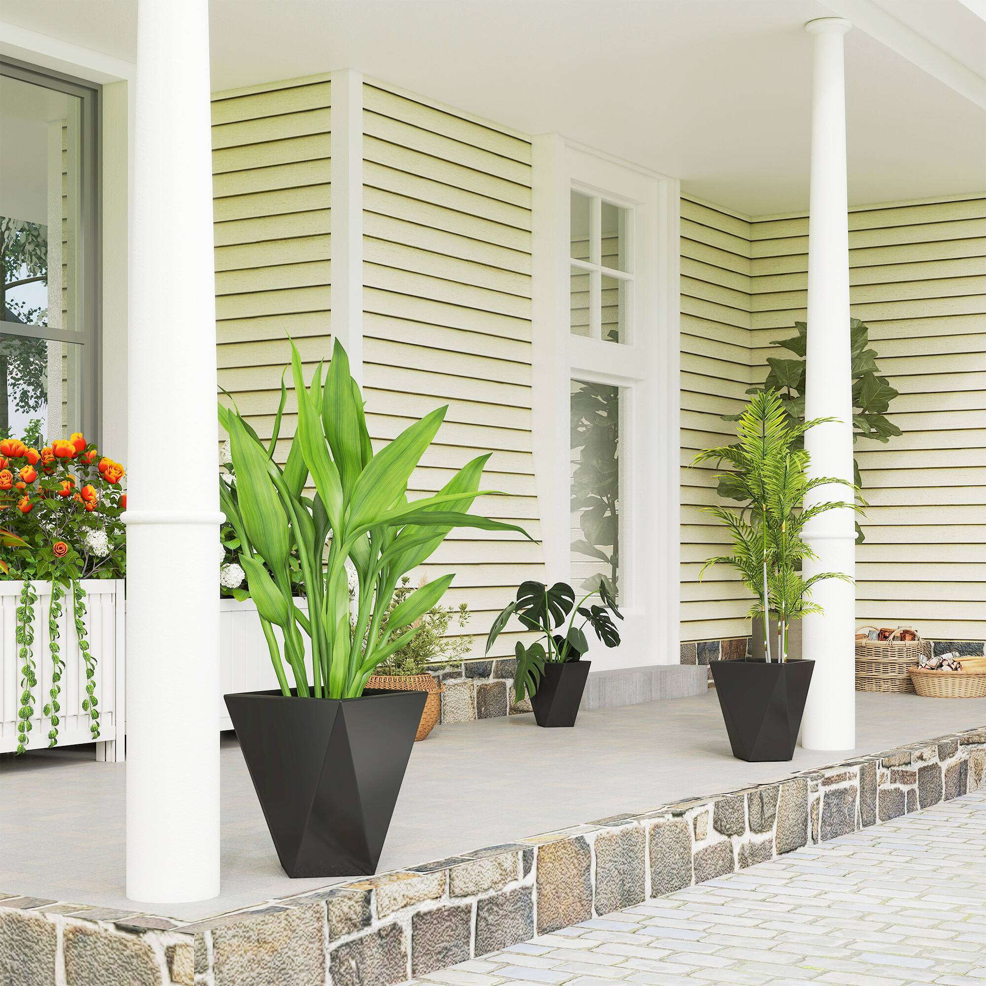 Alt View 1. Outsunny - Set of 3 Tall Planters, 18", 15.25", 11.75", MgO Indoor Outdoor Planters with Drainage Holes, Stackable Flower Pots - Black.