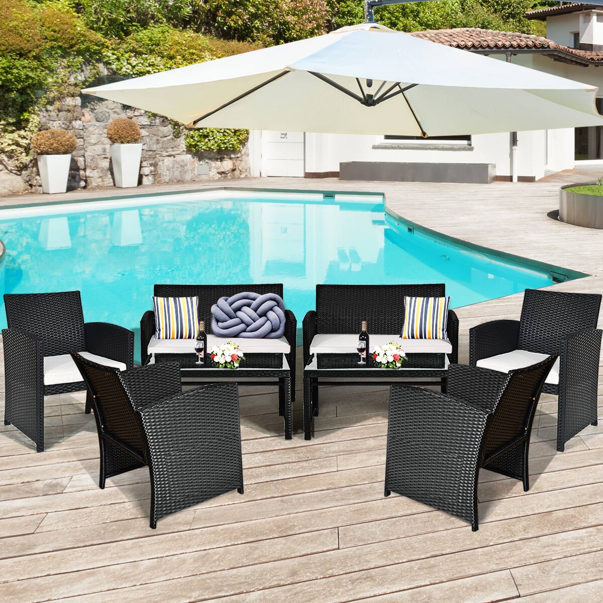 Alt View 1. Costway - Costway 8PCS Patio Rattan Furniture Conversation Set Cushioned Sofa Table Garden - Multicolor.