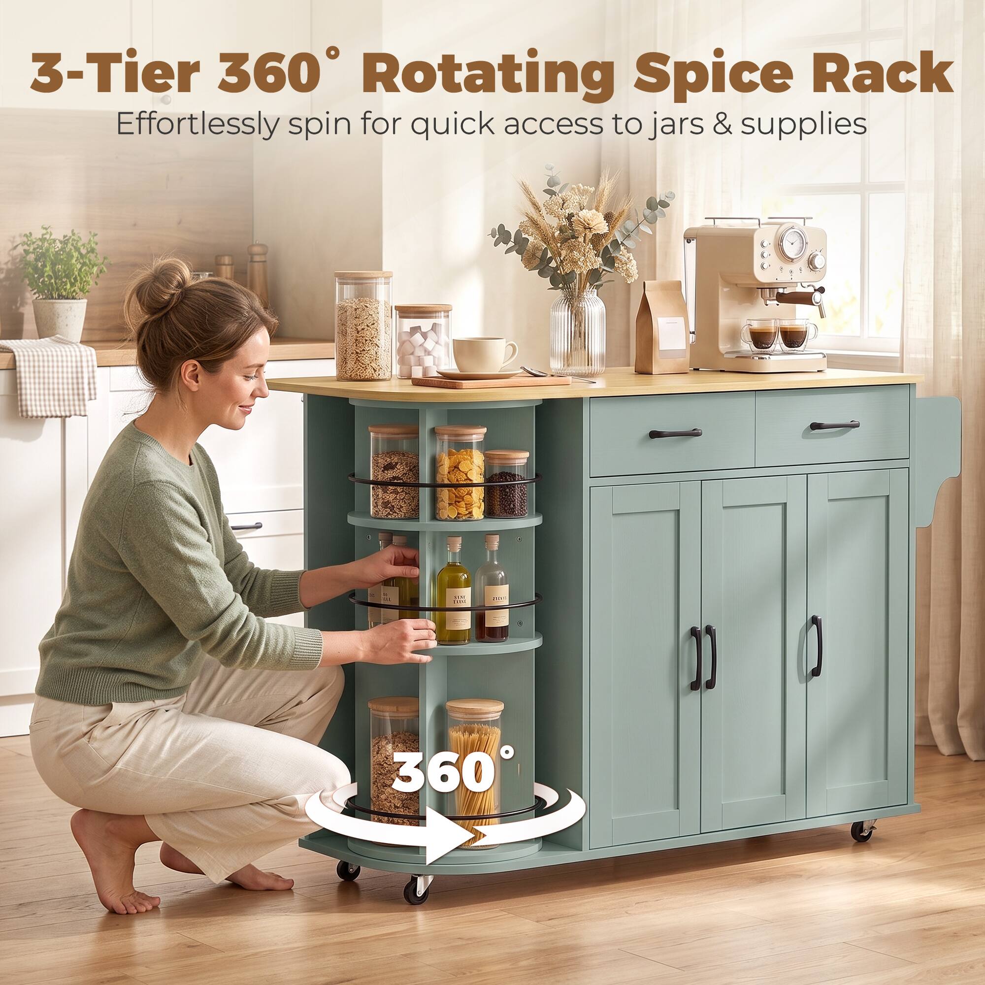 3-Tier 360° Rotating Spice Rack  
Effortlessly spin for quick access to jars & supplies