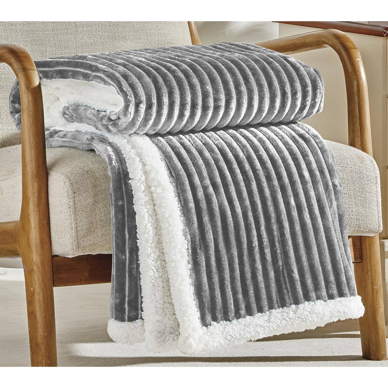 Alt View 3. Noble House - Plazatex Corduroy Faux Sherpa Reverse Throw Blanket - 50x60", Grey - Grey.