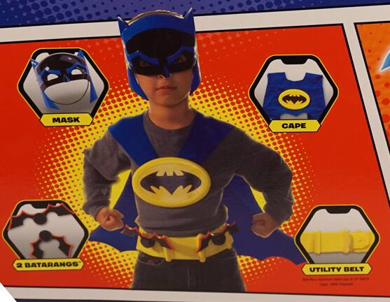 - MASK
- CAPE
- 2 BATARANGS
- UTILITY BELT