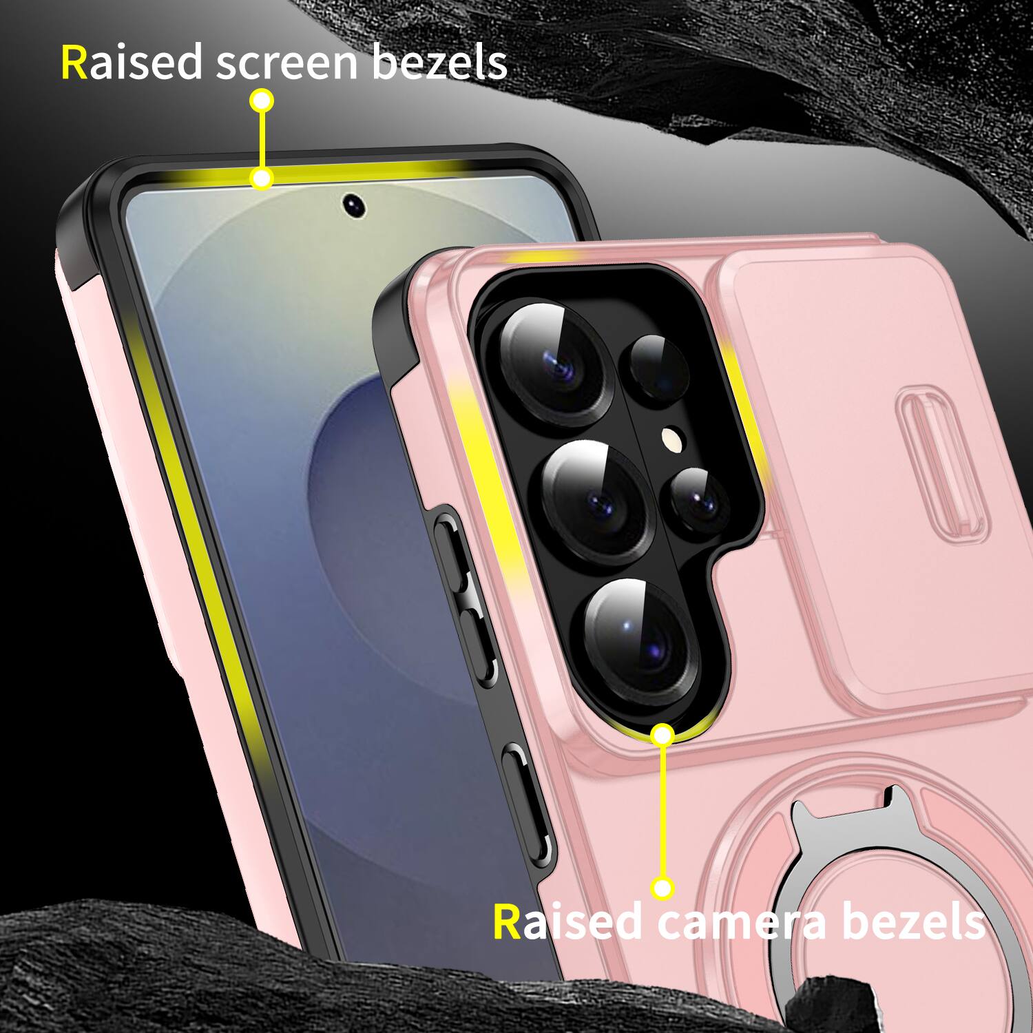 Raised screen bezels  
Raised camera bezels
