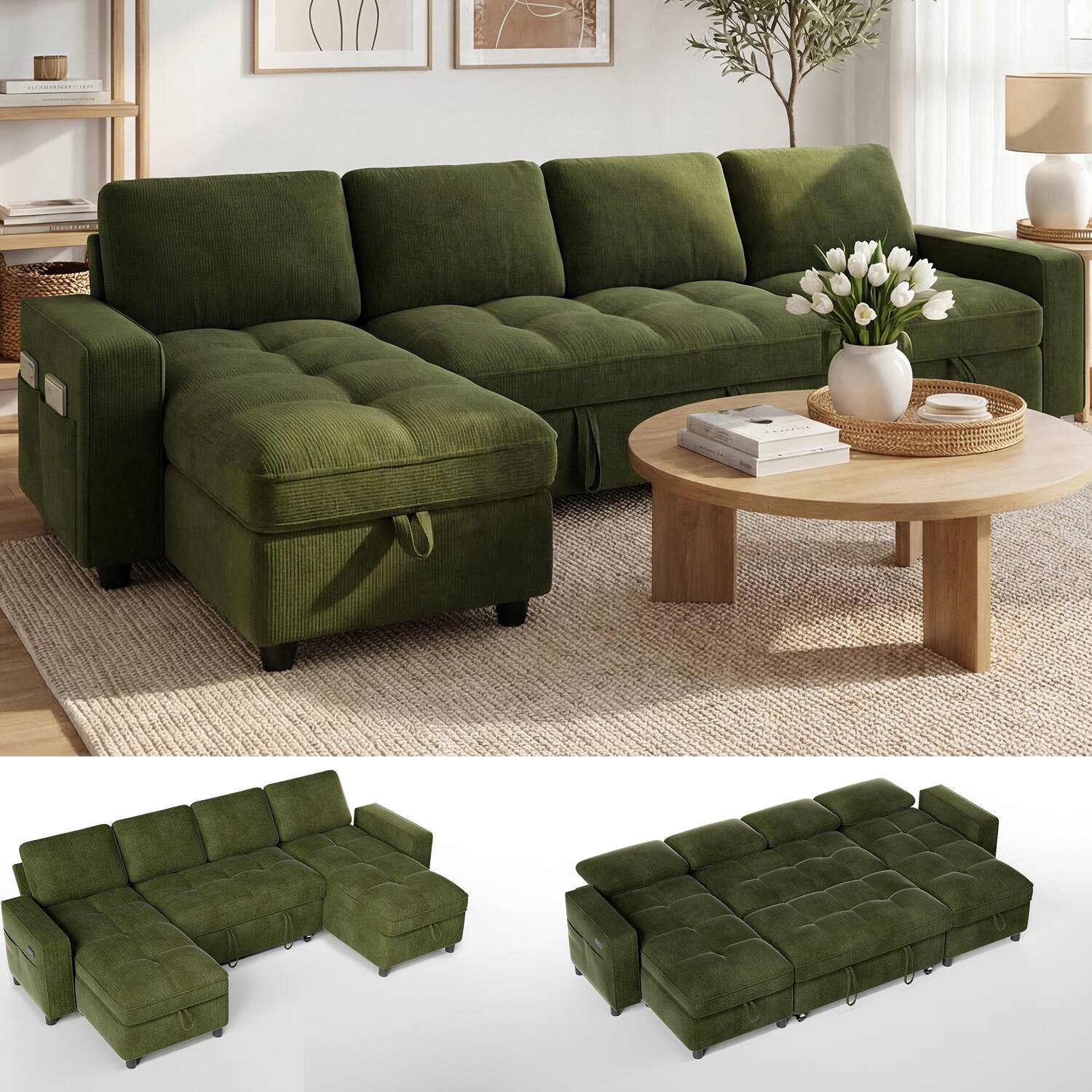 Front. Dyonery - Dyonery 104" U-Shaped Sleeper Sofa Bed with Pull-Out, Storage Chaise, 5-Position Backrest & USB Ports, Chenille Green - Chenille + Green.