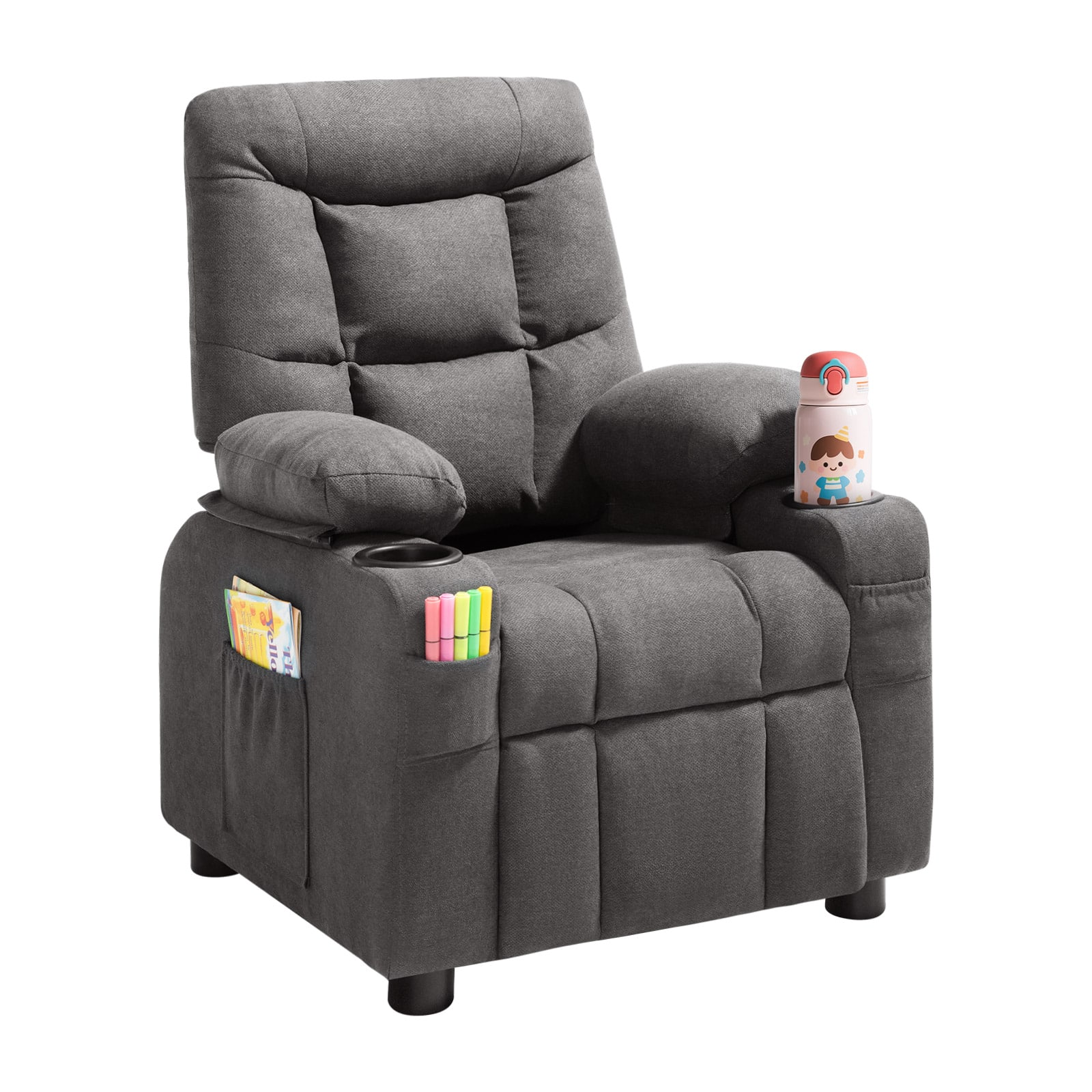 VEVOR - Kids Recliner Chair, Toddler Lounger with Cup Holders & Pockets, 107° to 126° Adjustable Back, Breathable Polyester - Gray