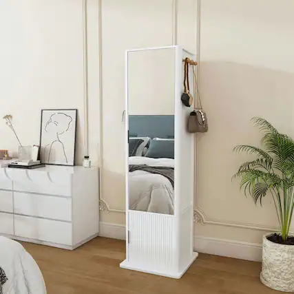 Front. Kadyn - 360° Rotating Makeup & Jewelry Cabinet, Full Length Mirror Cabinet with Coat Rack, 4 Open & 2 Built-In Shelves, White.