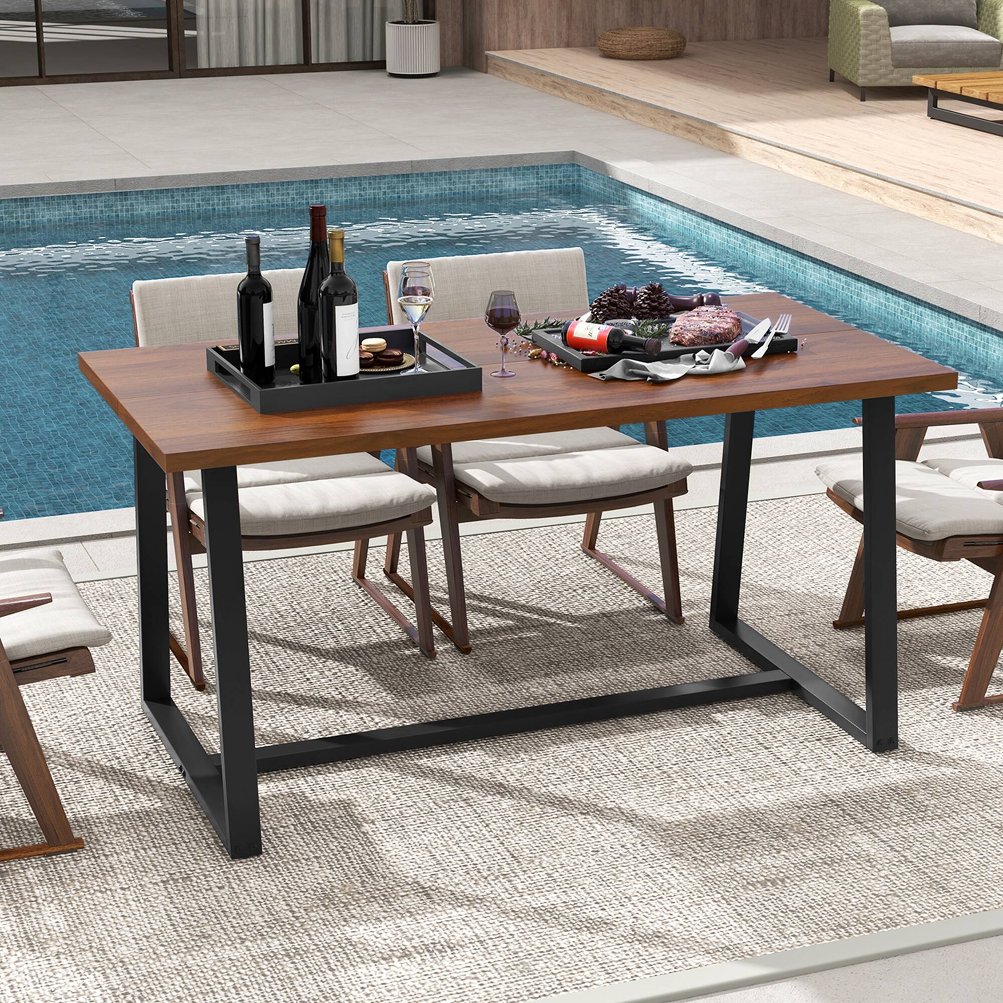 Back. Costway - 63" Large Dining Table for 4-6 People with Heavy-duty Metal Frame Modern - Coffee.