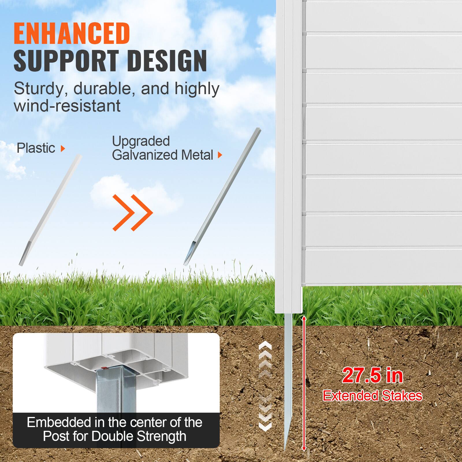 ENHANCED SUPPORT DESIGN, Sturdy, durable, and highly wind-resistant, Plastic, Upgraded Galvanized Metal, Embedded in the center of the Post for Double Strength, 27.5 in Extended Stakes
