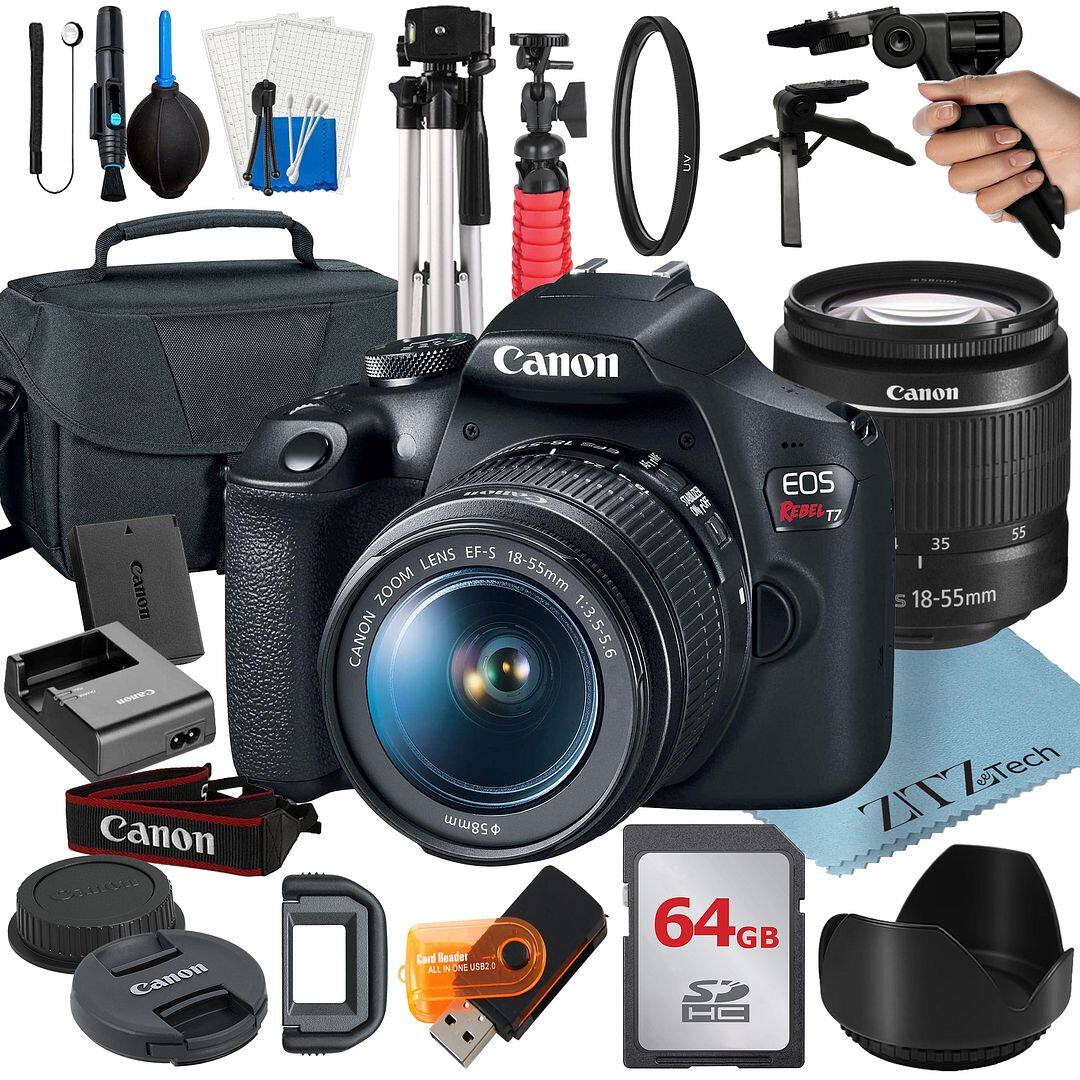 Canon - EOS Rebel T7 DSLR Camera with 18-55 Lens + 64GB Card + Tripod + ZeeTech Bundle (International Version) - Black