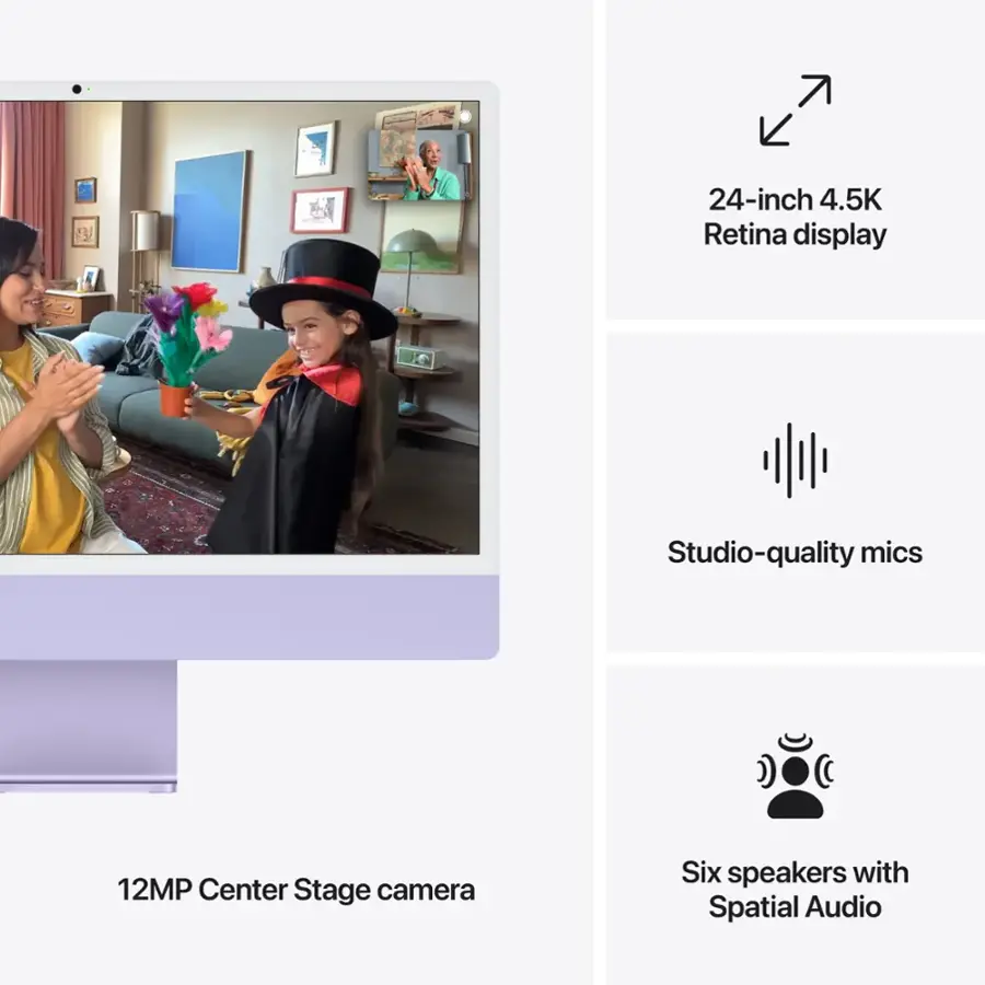 The text on the image can be grouped as follows:

1. Display: 24-inch 4.5K Retina display
2. Audio: Studio-quality mics and six speakers with Spatial Audio
3. Camera: 12MP Center Stage camera

The text is correct and grouped according to the features of the device.