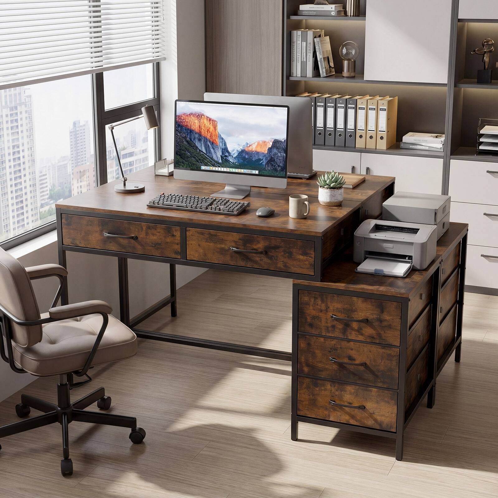 Alt View 3. Costway - Costway Computer Desk with 5 Drawers, 51 Inch Home Office Desk with Reversible Drawers - Rustic Brown.