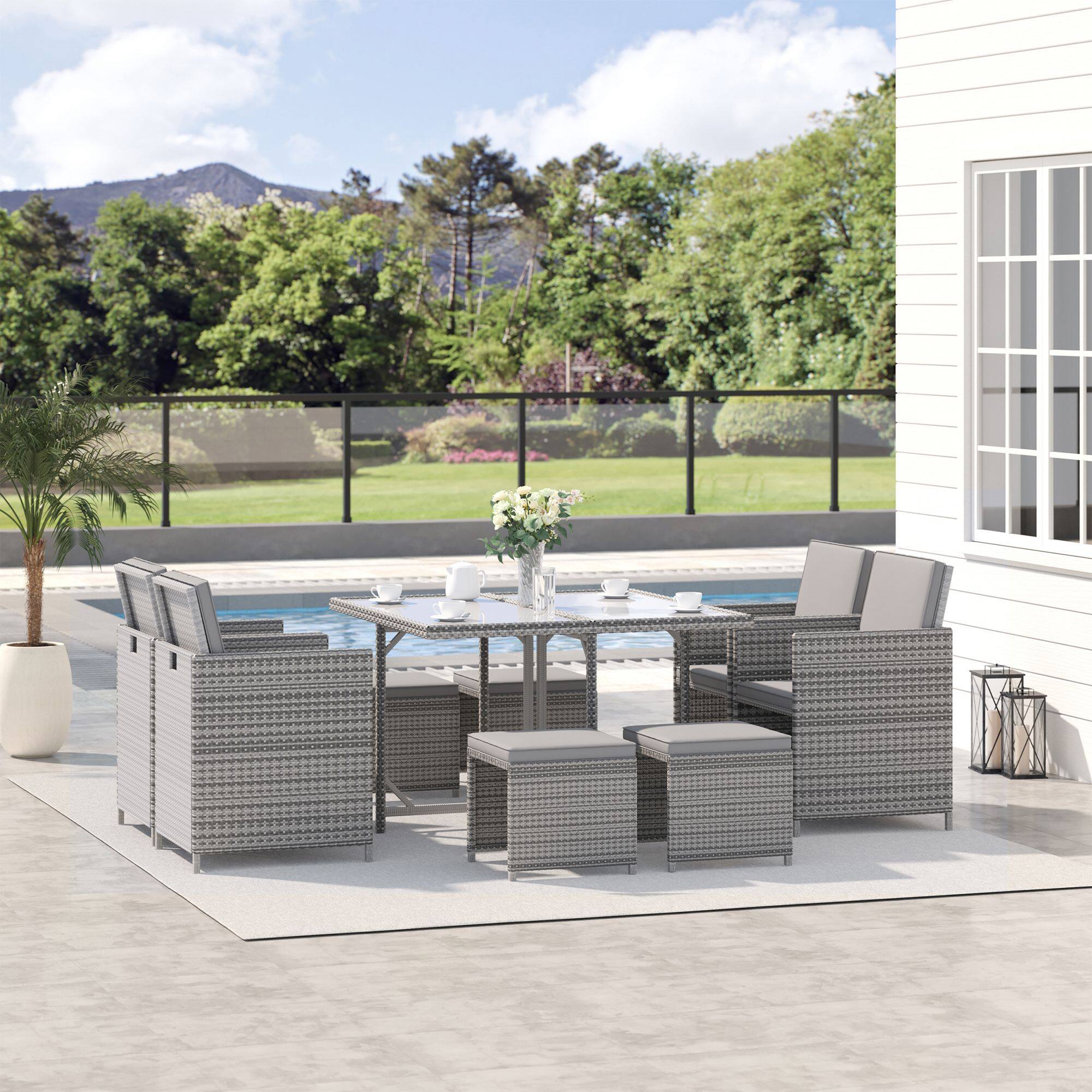 Alt View 1. Outsunny - 9 Pieces Outdoor Dining Set for 8, Space Saving Wicker Chairs and Square Glass Table with Cushions and Ottomans - Light Gray/Dark Gray.