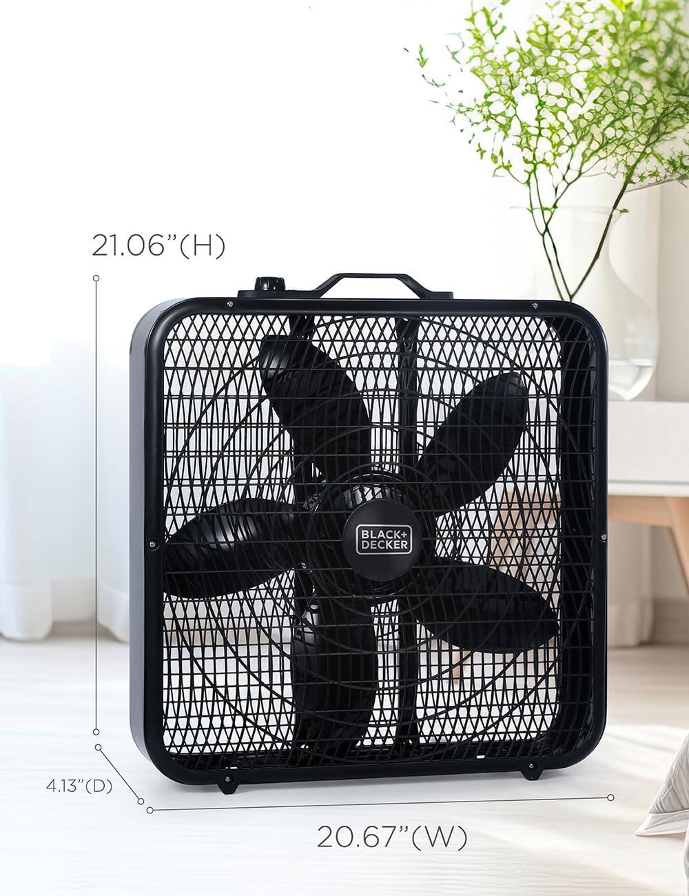 The text on the image reads "21.06" (H) BLACK+ DECKER 4.13" (D) 20.67" (W). This information indicates the dimensions of the fan, which is 21.06 inches in height, 4.13 inches in depth, and 20.67 inches in width.