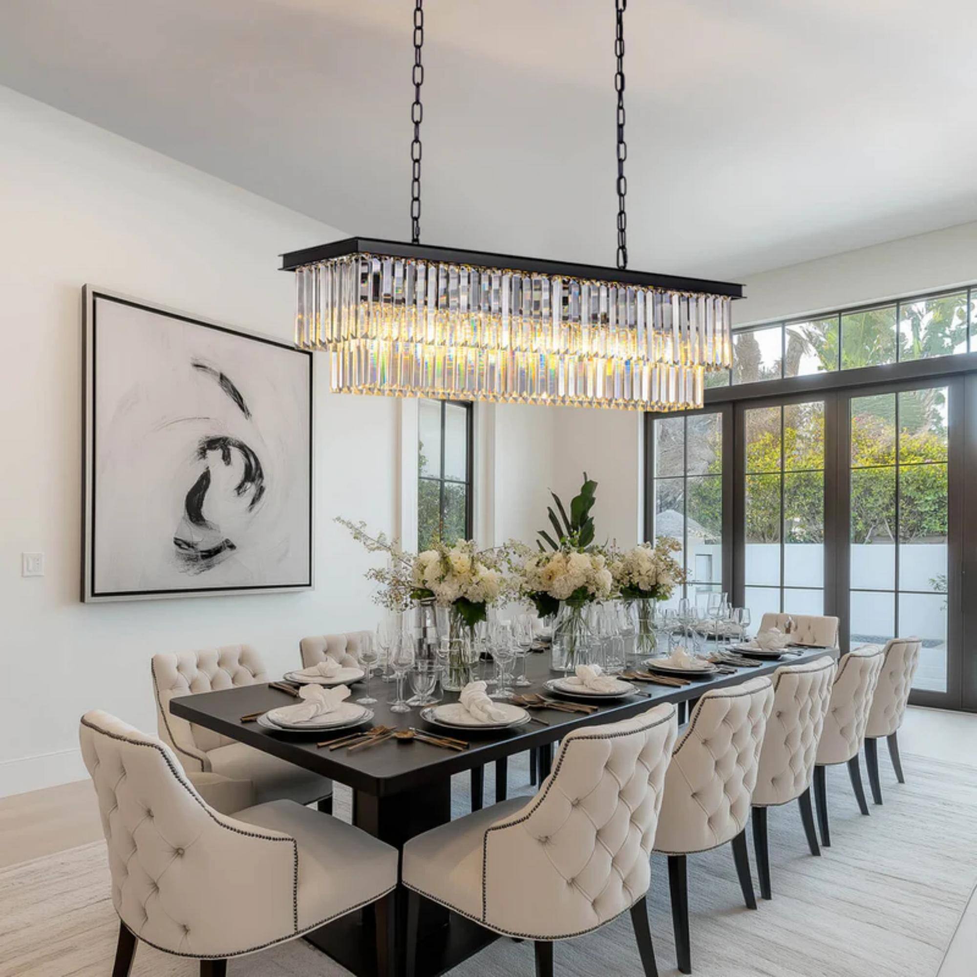 Back. Siljoy - 39.4-In 7-Light Matte Black K9 Crystal Linear Chandelier, Adjustable Rod Hardwired E12 for Kitchen Island Foyer - Matte Black.