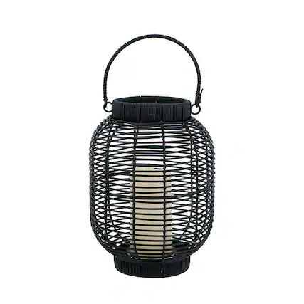 Front. Boyel Living - Black Poly Rattan Lantern with White LED Candle.