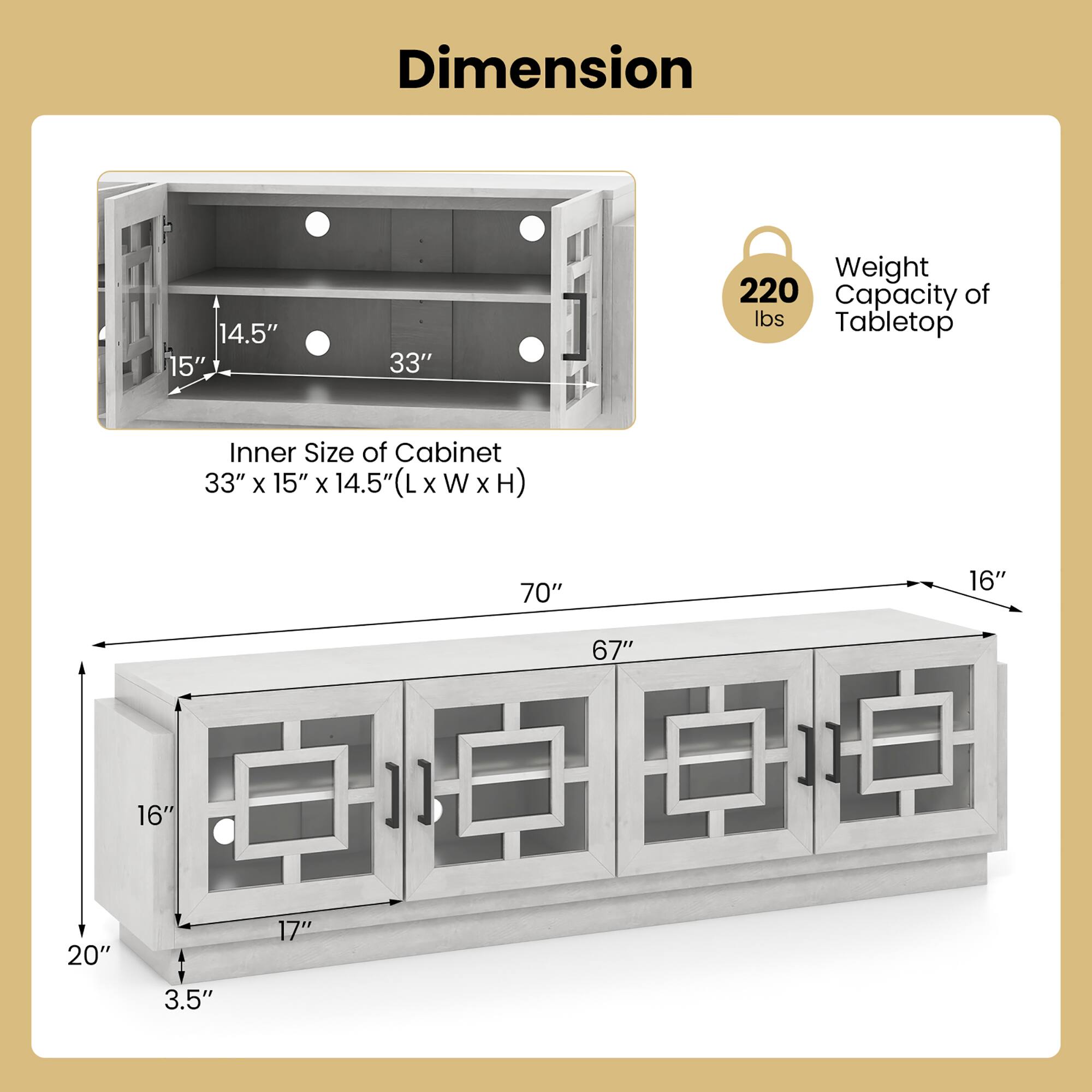Dimension: 14.5" x 15" x 33"
Weight: 220 lbs
Capacity: 200 lbs
Tabletop: 70" x 16" x 67"
Inner Size of Cabinet: 33" x 15" x 14.5"