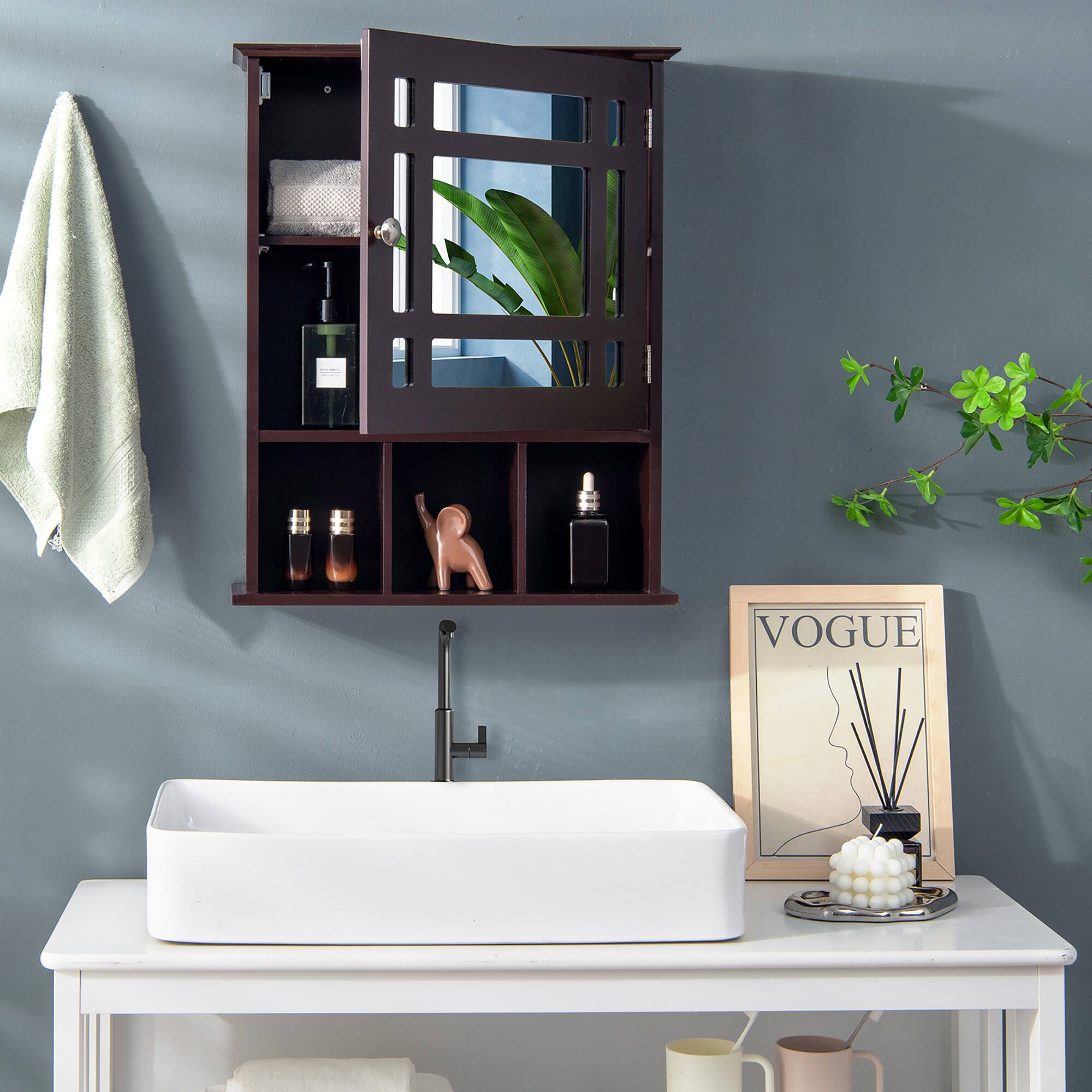 Alt View 2. Costway - Costway Mirrored Medicine Cabinet Bathroom Wall Mounted Storage W/Adjustable Shelf - Brown.
