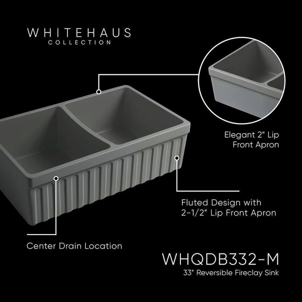 WHITEHAUS COLLECTION

Elegant 2" Lip Front Apron

Fluted Design with 2-1/2" Lip Front Apron

Center Drain Location

WHQDB332-M

33" Reversible Fireclay Sink