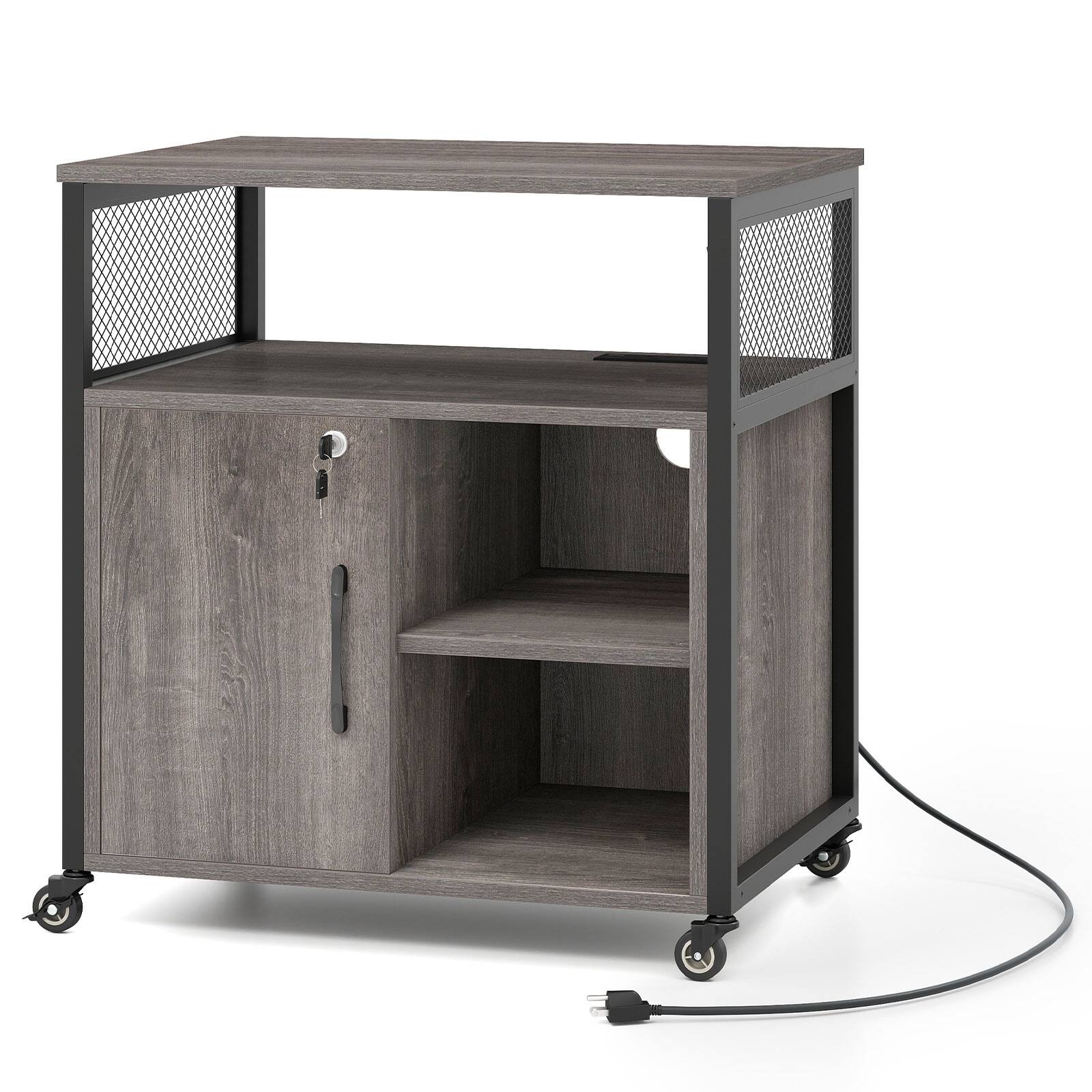Alt View 9. Costway - Costway File Cabinet on Wheels with Charging Station & Cable Management Hole Shelves - Gray.