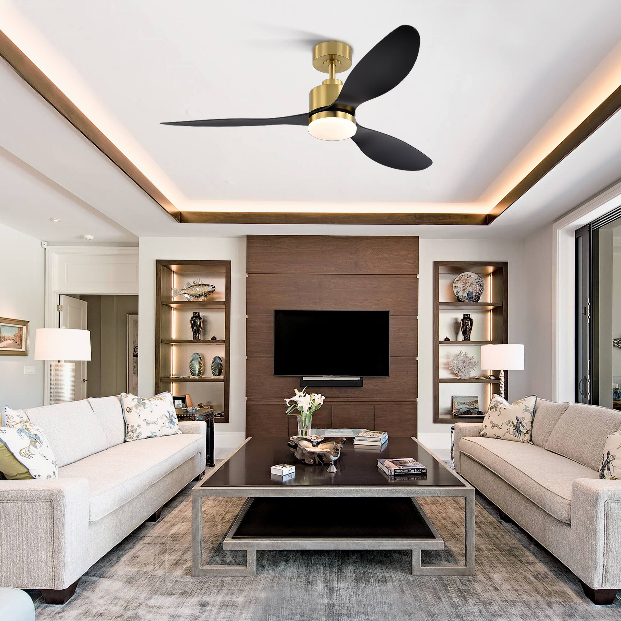 Back. Breezary - 52" Indoor Ceiling Fan, 3 ABS Blades, 6-Speed DC Motor, Remote Control, Memory/Timer, 3-Color LED Light, 5"/10" Downrods - Gold and Matte Black.